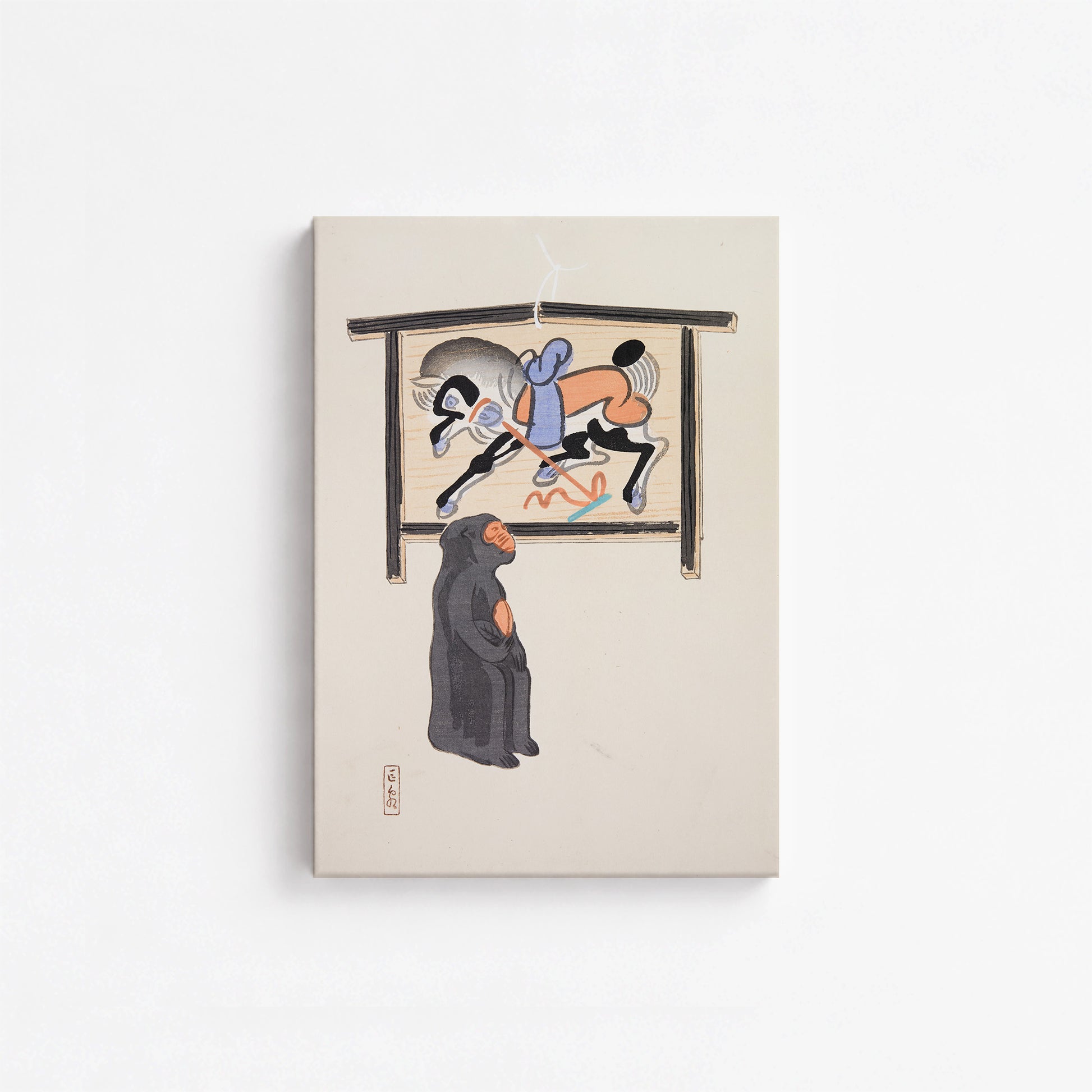 Kawasaki Kyosen: Kyosen’s Collected Illustrations of Japanese Toys Nr. 12 ("Contemplative Monkey"), 21x30cm Satin Canvas Art Reproduction