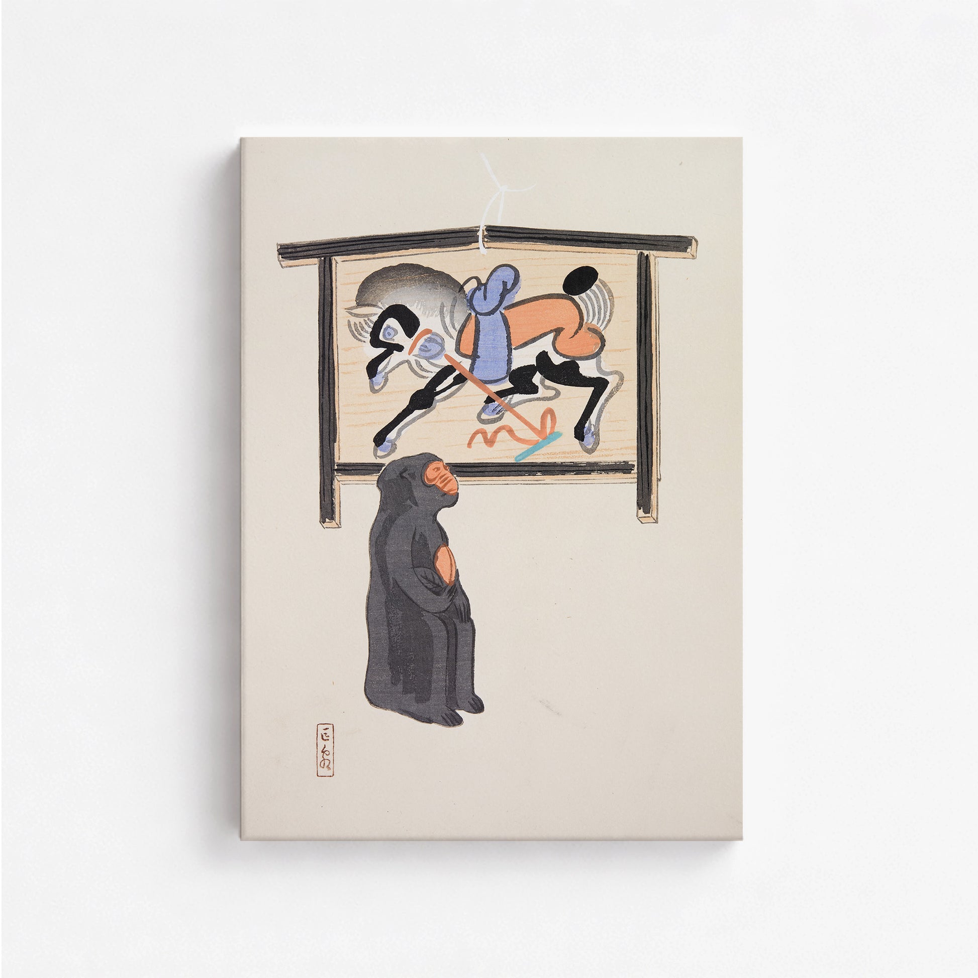 Kawasaki Kyosen: Kyosen’s Collected Illustrations of Japanese Toys Nr. 12 ("Contemplative Monkey"), 50x70cm Satin Canvas Art Reproduction