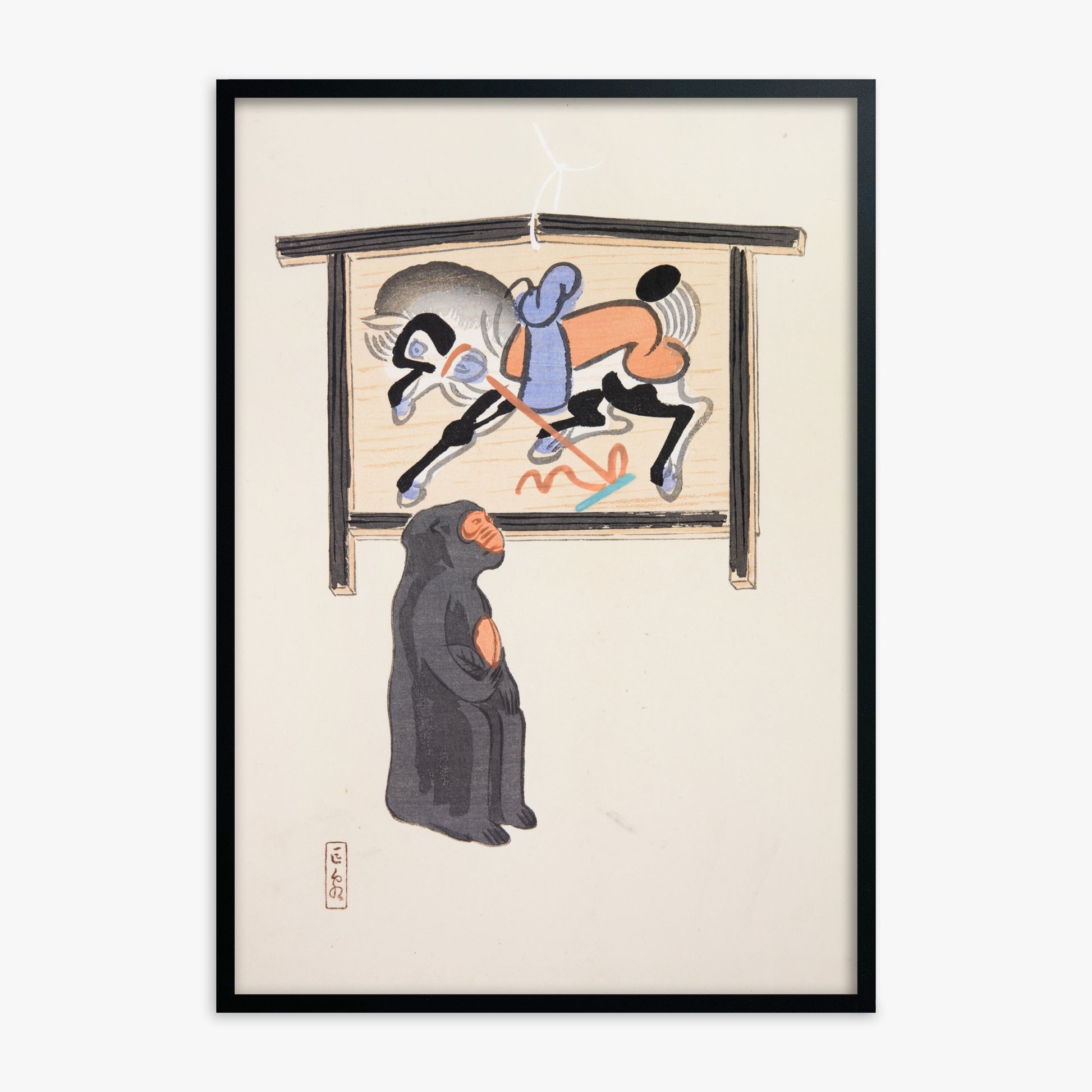 Kawasaki Kyosen: Kyosen’s Collected Illustrations of Japanese Toys Nr. 12 ("Contemplative Monkey"), Black Framed Art Reproduction With Black Frame