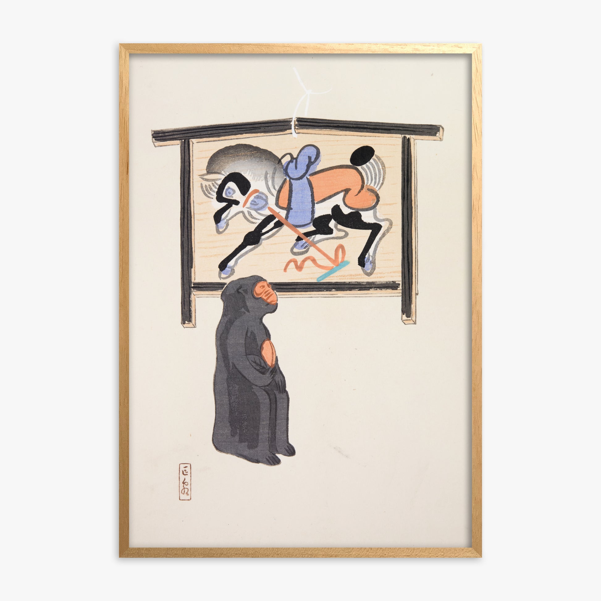 Kawasaki Kyosen: Kyosen’s Collected Illustrations of Japanese Toys Nr. 12 ("Contemplative Monkey"), Oak Framed Art Reproduction With Oak Frame