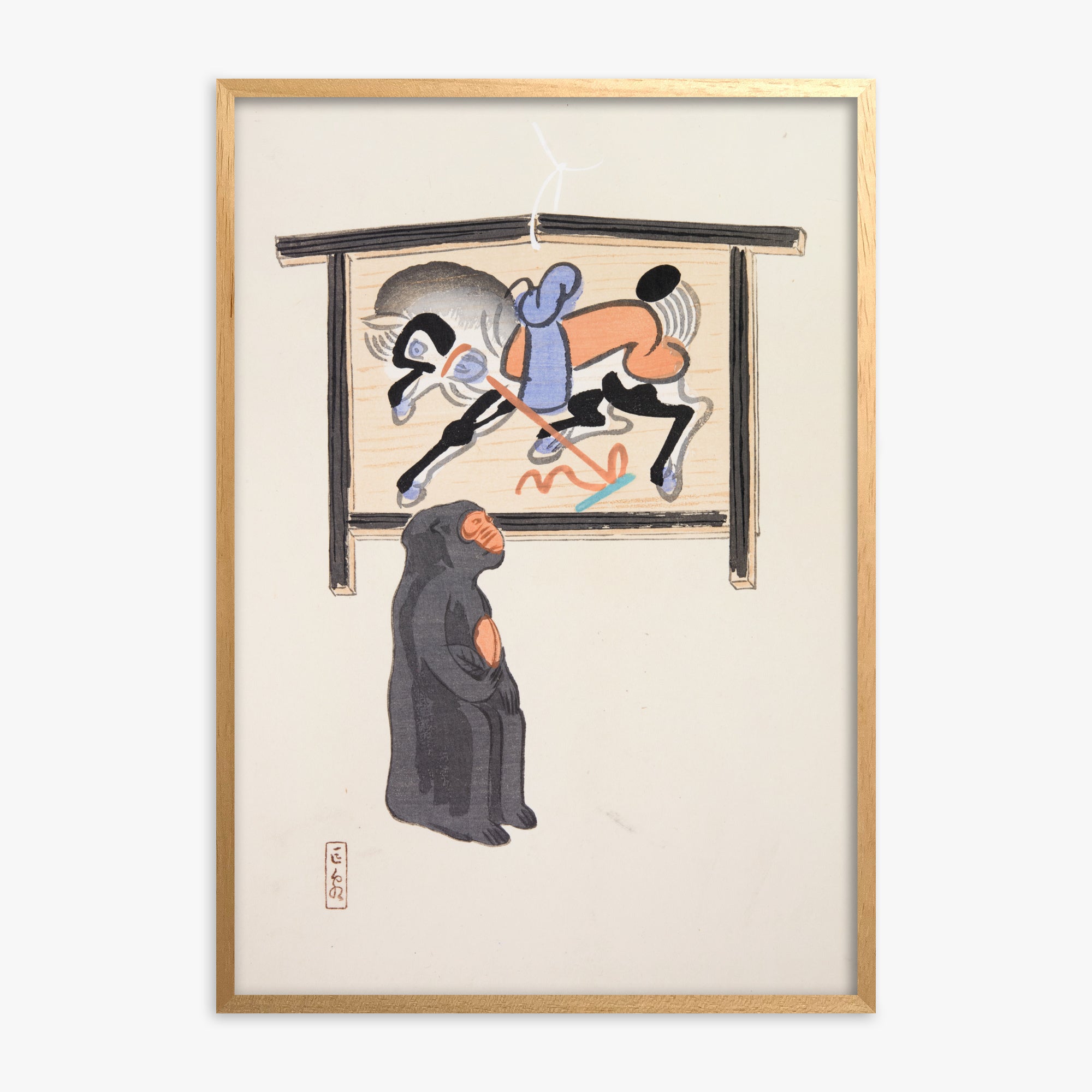 Kawasaki Kyosen: Kyosen’s Collected Illustrations of Japanese Toys Nr. 12 ("Contemplative Monkey"), Oak Framed Art Reproduction With Oak Frame