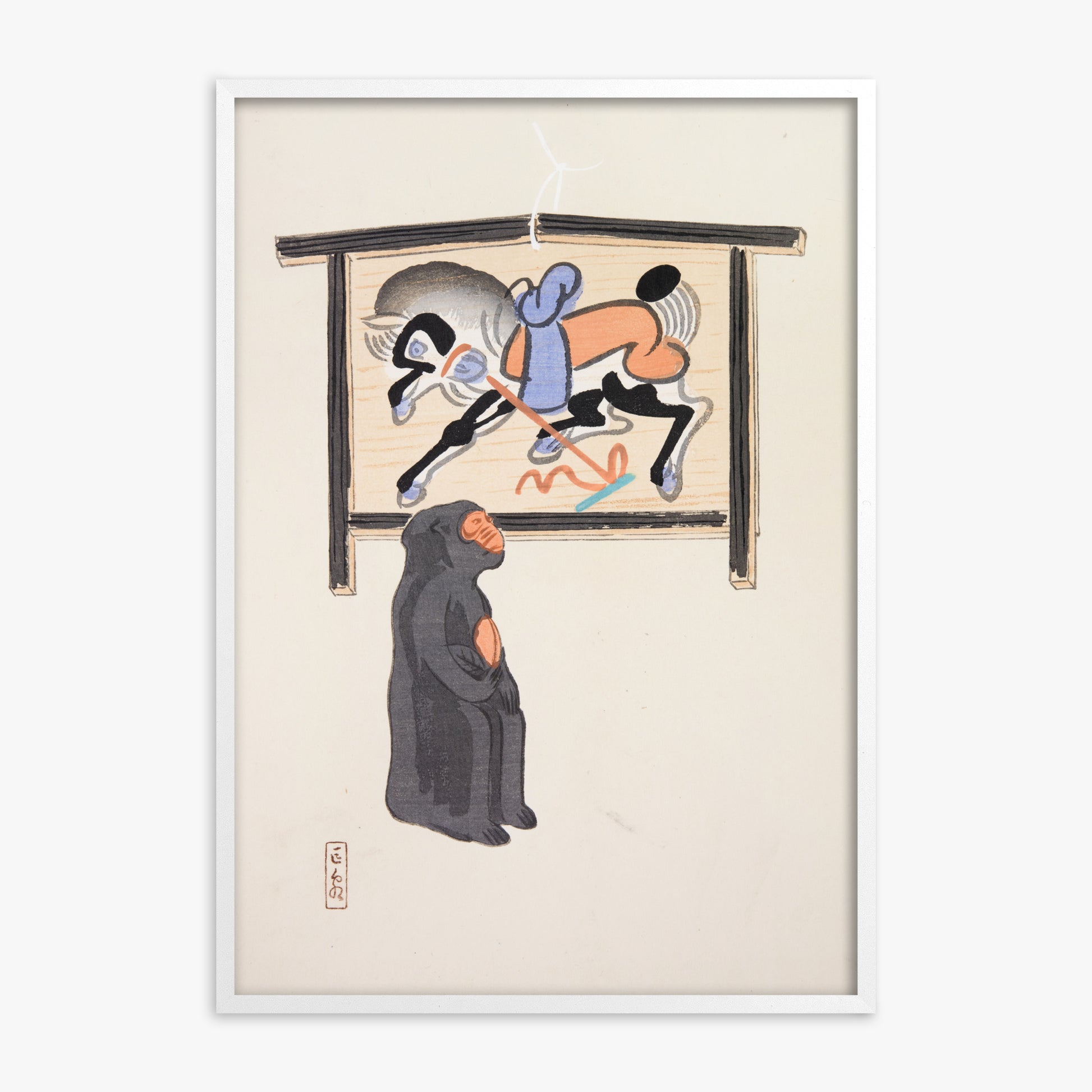 Kawasaki Kyosen: Kyosen’s Collected Illustrations of Japanese Toys Nr. 12 ("Contemplative Monkey"), White Framed Art Reproduction With White Frame