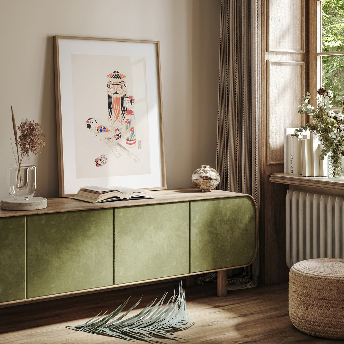 Kawasaki Kyosen: Kyosen’s Collected Illustrations of Japanese Toys Nr. 13 ("Playful Puppets"), 50x70cm Framed Art Reproduction With Black Frame