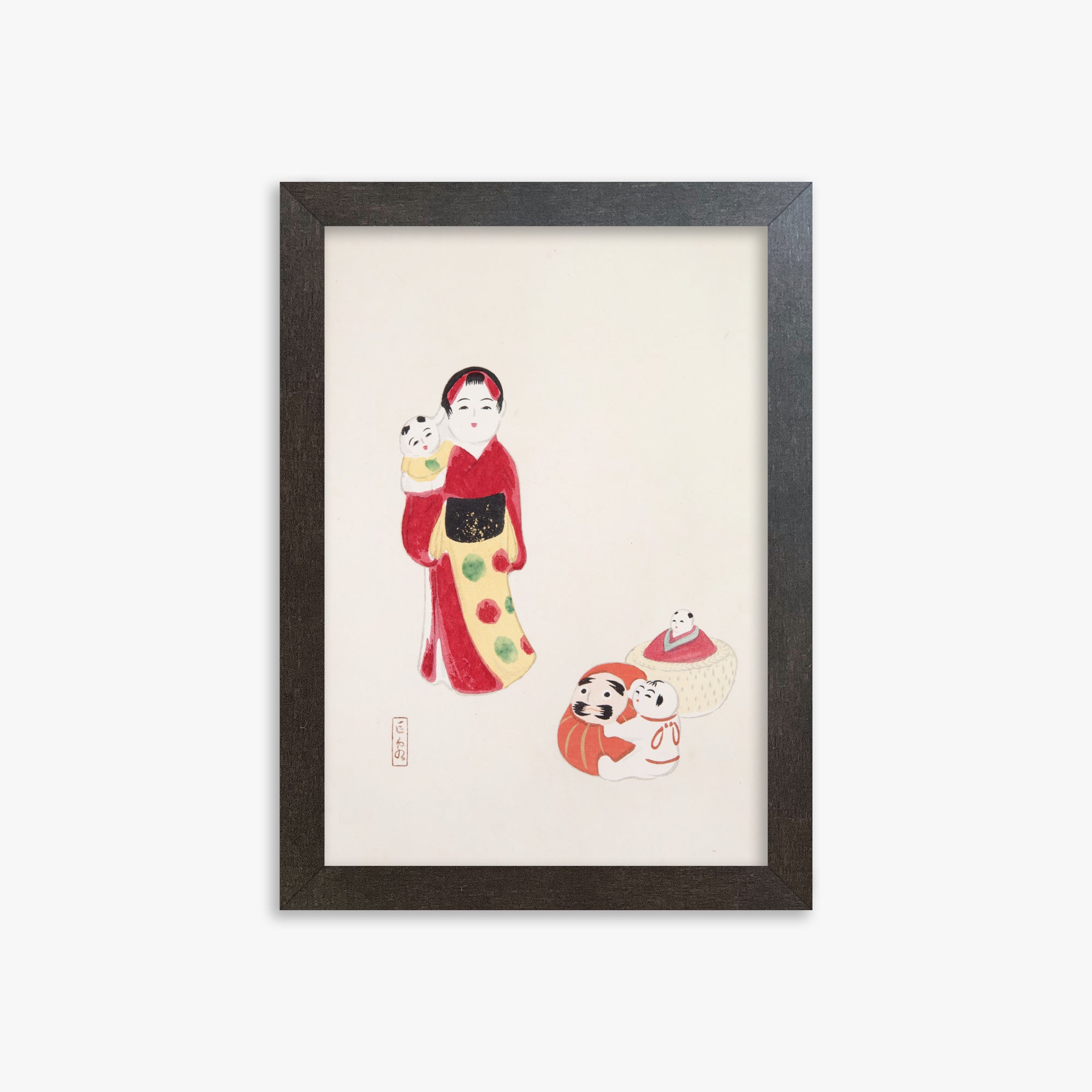 Kawasaki Kyosen: Kyosen’s Collected Illustrations of Japanese Toys Nr. 14 ("Guardian of Traditions: Japanese Folk Dolls"), 21x30cm Framed Art Reproduction With Espresso Frame