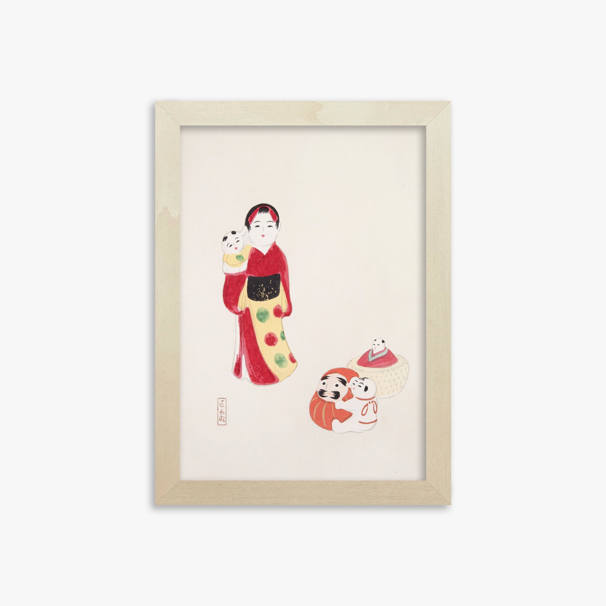 Kawasaki Kyosen: Kyosen’s Collected Illustrations of Japanese Toys Nr. 14 ("Guardian of Traditions: Japanese Folk Dolls"), 21x30cm Framed Art Reproduction With Lime Wood Frame