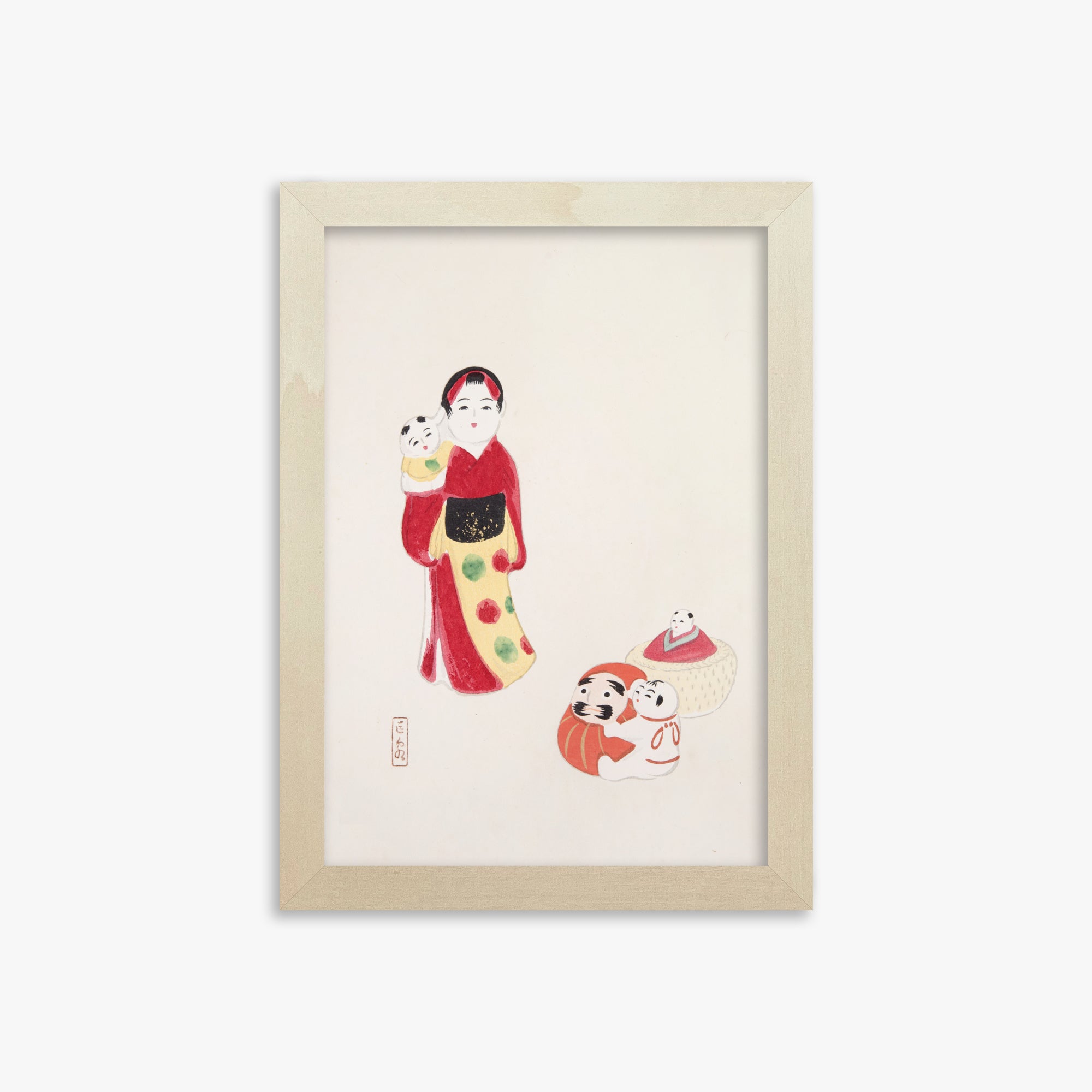 Kawasaki Kyosen: Kyosen’s Collected Illustrations of Japanese Toys Nr. 14 ("Guardian of Traditions: Japanese Folk Dolls"), 21x30cm Framed Art Reproduction With Lime Wood Frame