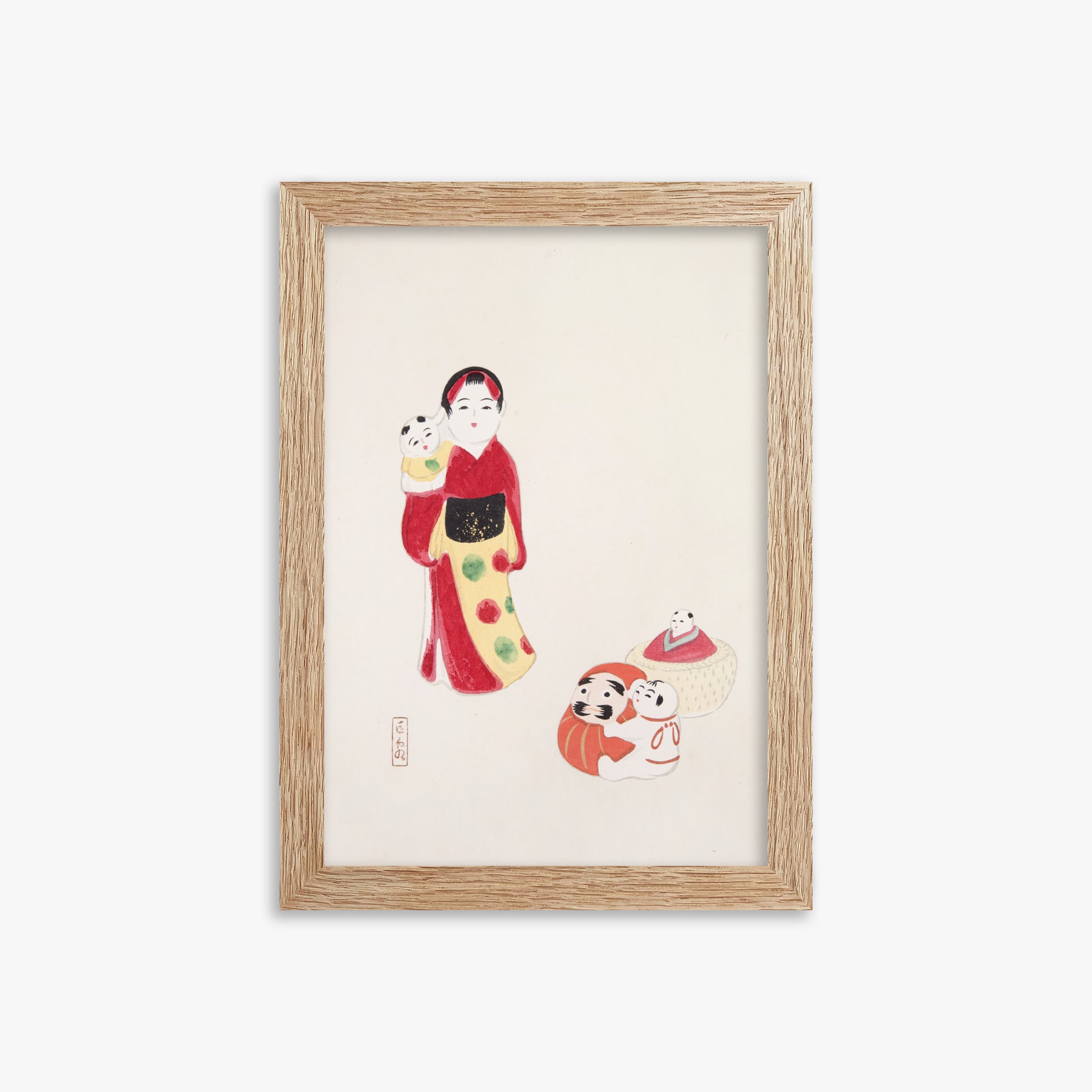 Kawasaki Kyosen: Kyosen’s Collected Illustrations of Japanese Toys Nr. 14 ("Guardian of Traditions: Japanese Folk Dolls"), 21x30cm Framed Art Reproduction With Raw Oak Frame