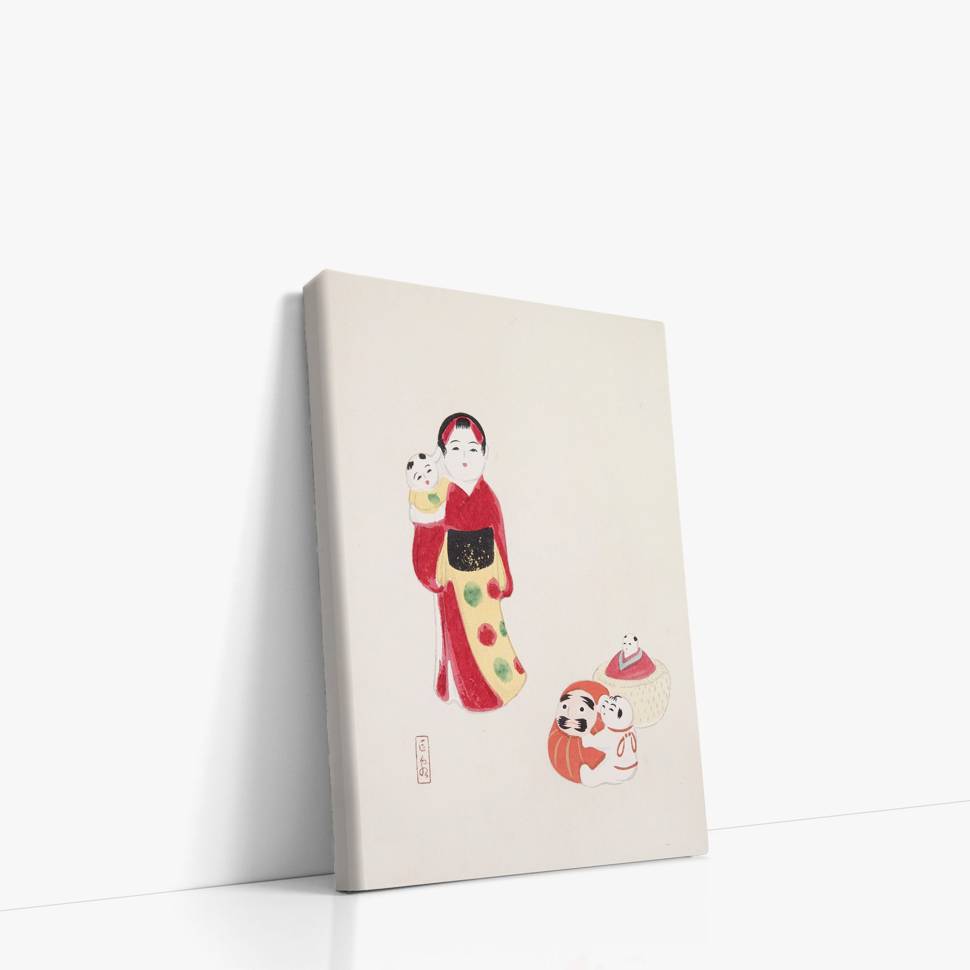 Kawasaki Kyosen: Kyosen’s Collected Illustrations of Japanese Toys Nr. 14 ("Guardian of Traditions: Japanese Folk Dolls"), 21x30cm Satin Canvas Art Reproduction Left Angle