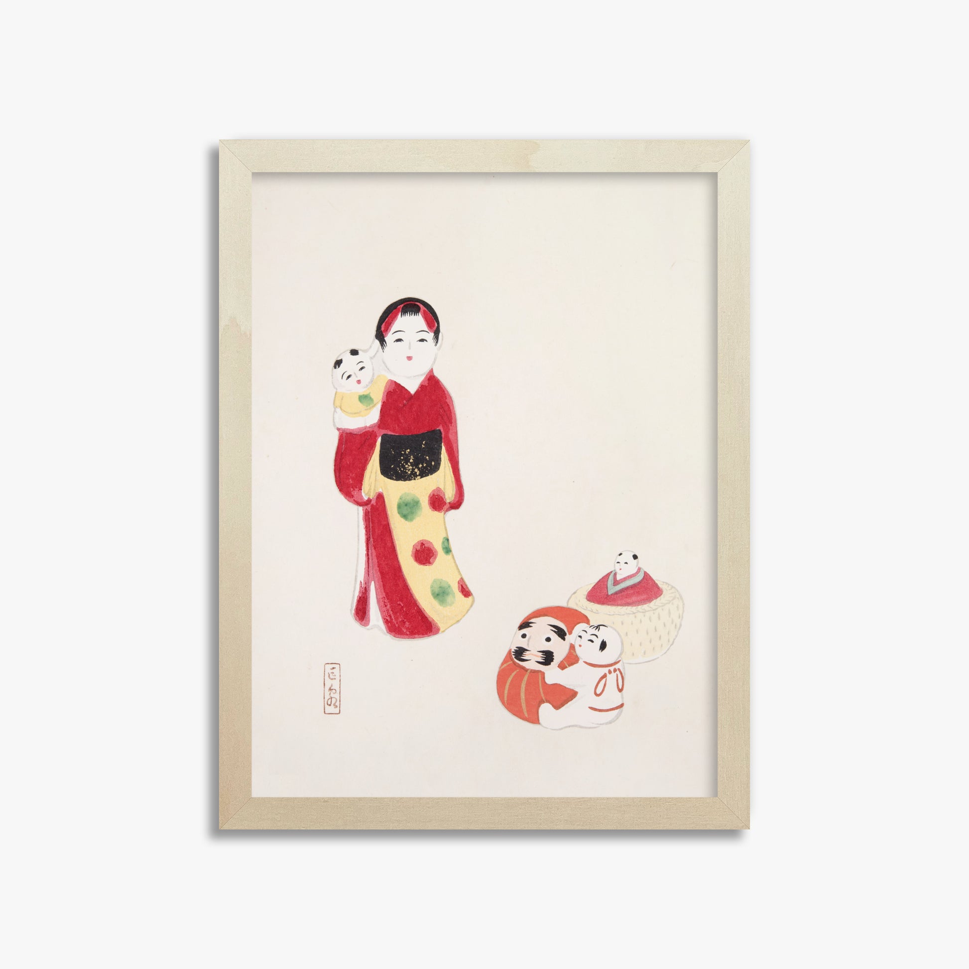 Kawasaki Kyosen: Kyosen’s Collected Illustrations of Japanese Toys Nr. 14 ("Guardian of Traditions: Japanese Folk Dolls"), 30x40cm Framed Art Reproduction With Lime Wood Frame