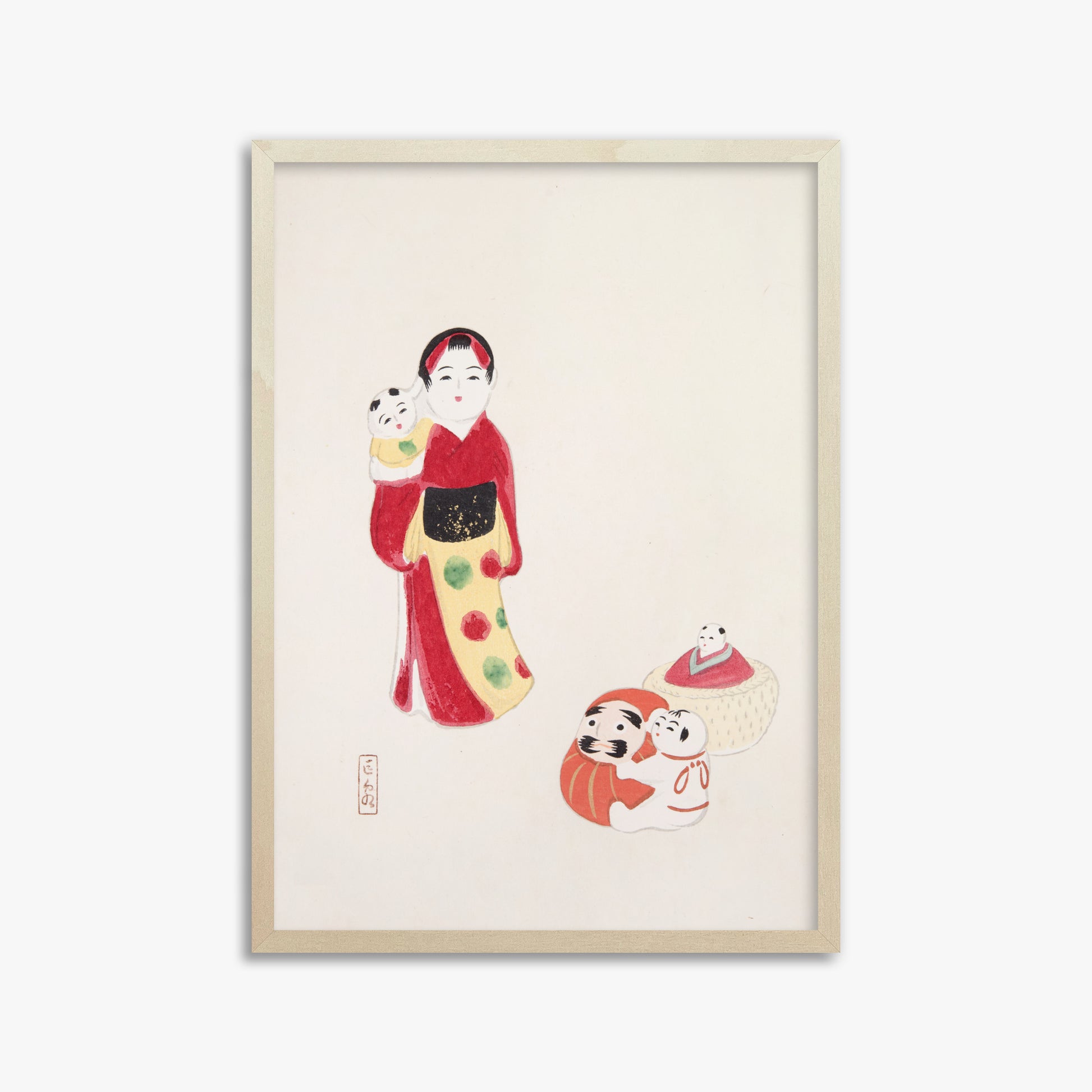 Kawasaki Kyosen: Kyosen’s Collected Illustrations of Japanese Toys Nr. 14 ("Guardian of Traditions: Japanese Folk Dolls"), 50x70cm Framed Art Reproduction With Lime Wood Frame