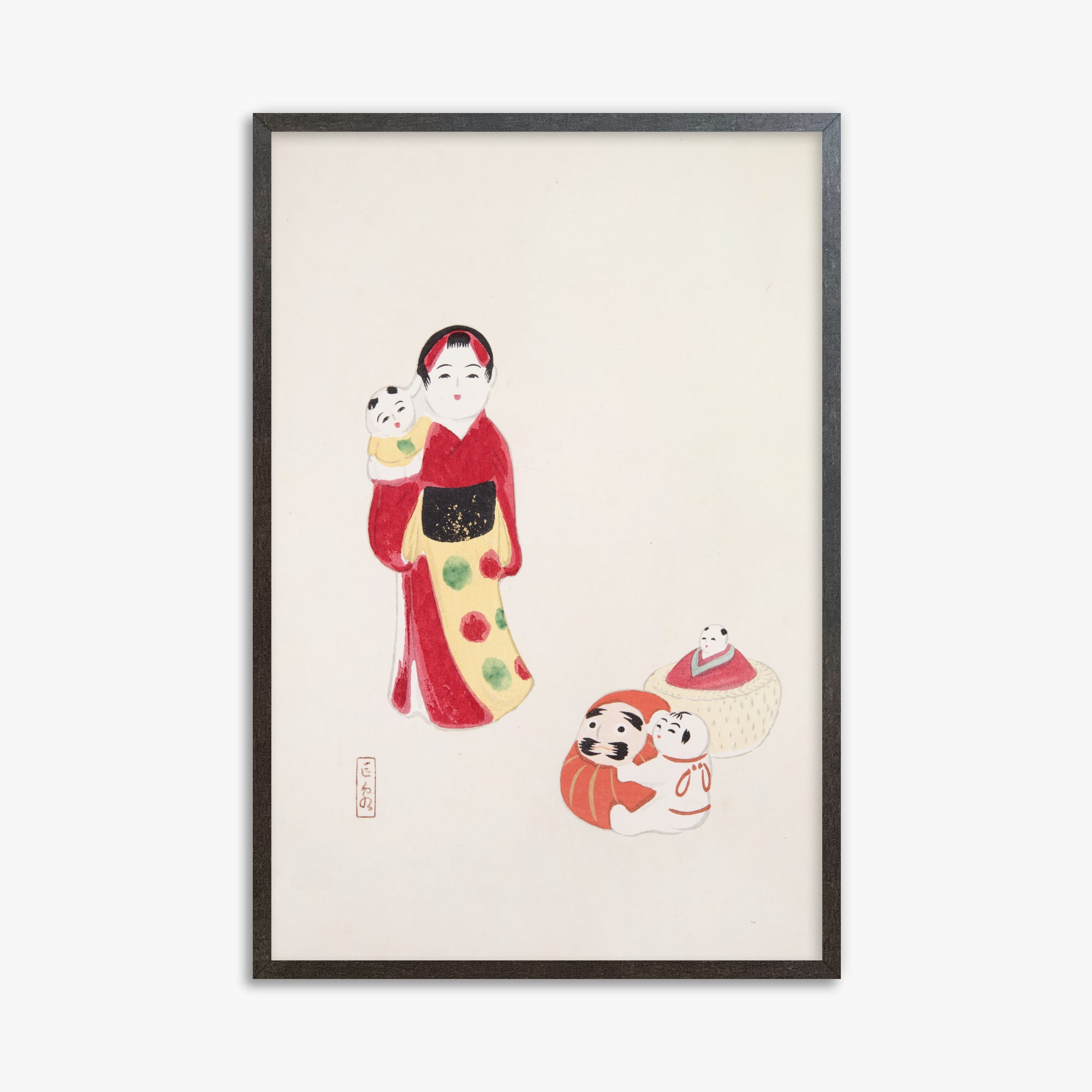 Kawasaki Kyosen: Kyosen’s Collected Illustrations of Japanese Toys Nr. 14 ("Guardian of Traditions: Japanese Folk Dolls"), 61x91cm Framed Art Reproduction With Espresso Frame