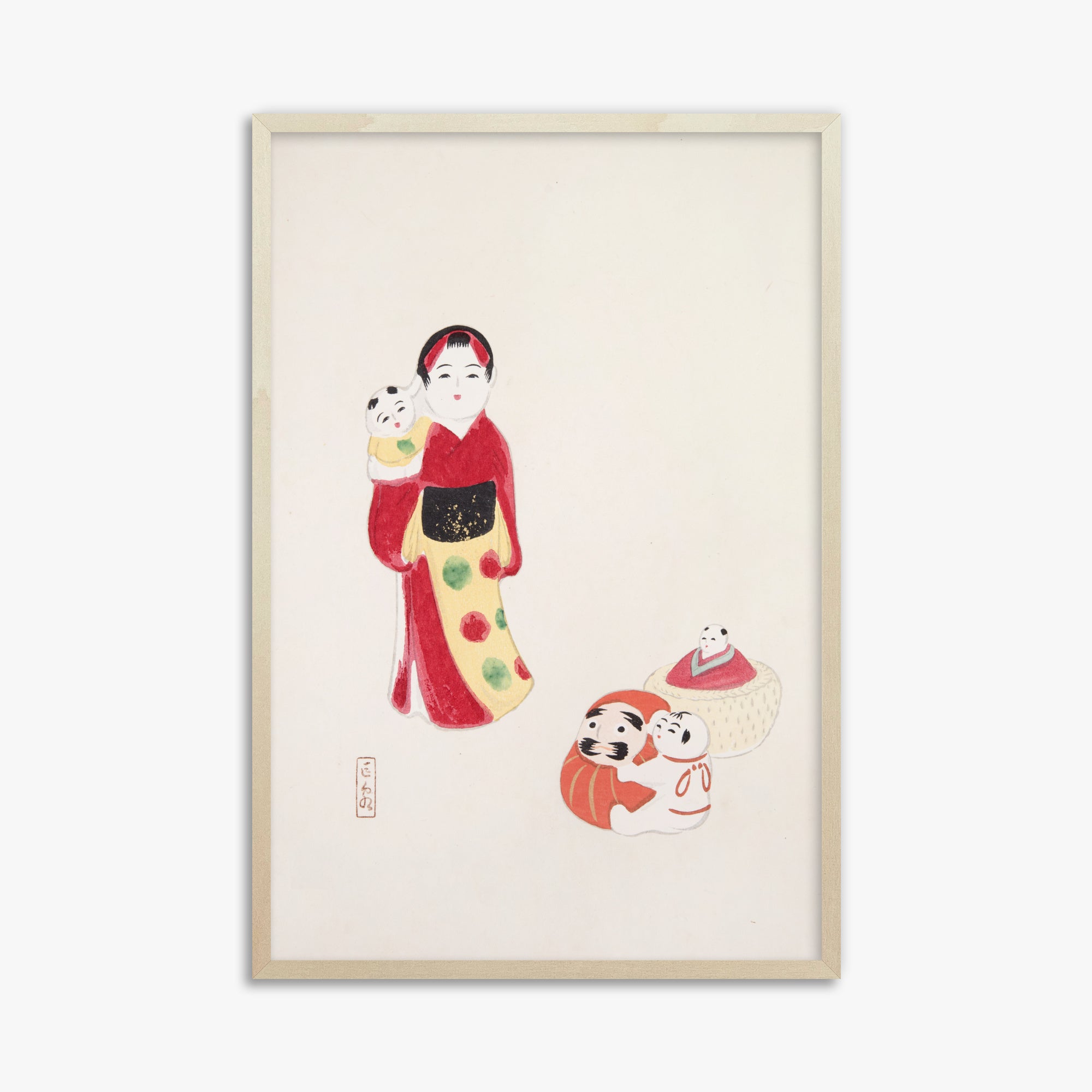 Kawasaki Kyosen: Kyosen’s Collected Illustrations of Japanese Toys Nr. 14 ("Guardian of Traditions: Japanese Folk Dolls"), 61x91cm Framed Art Reproduction With Lime Wood Frame