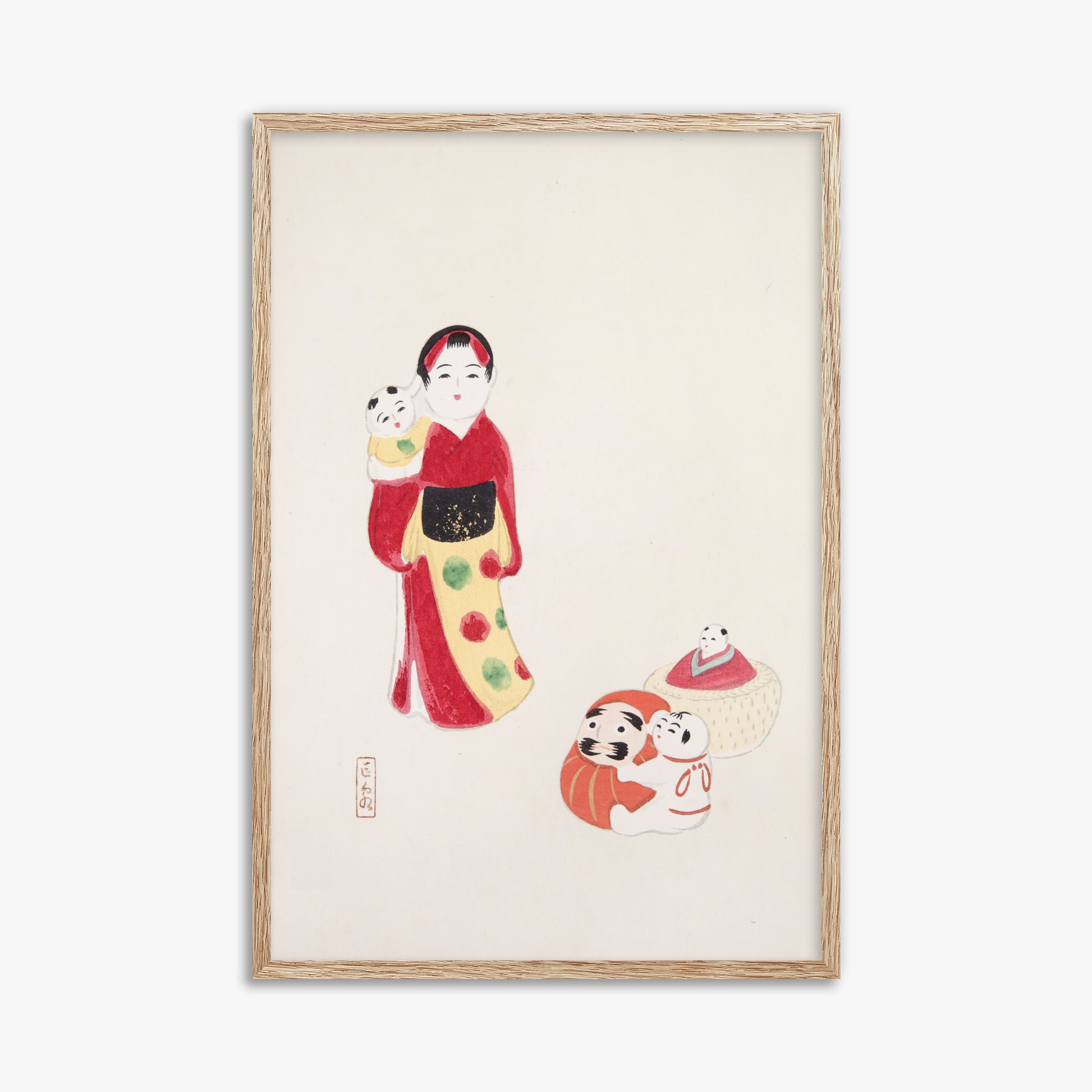Kawasaki Kyosen: Kyosen’s Collected Illustrations of Japanese Toys Nr. 14 ("Guardian of Traditions: Japanese Folk Dolls"), 61x91cm Framed Art Reproduction With Raw Oak Frame