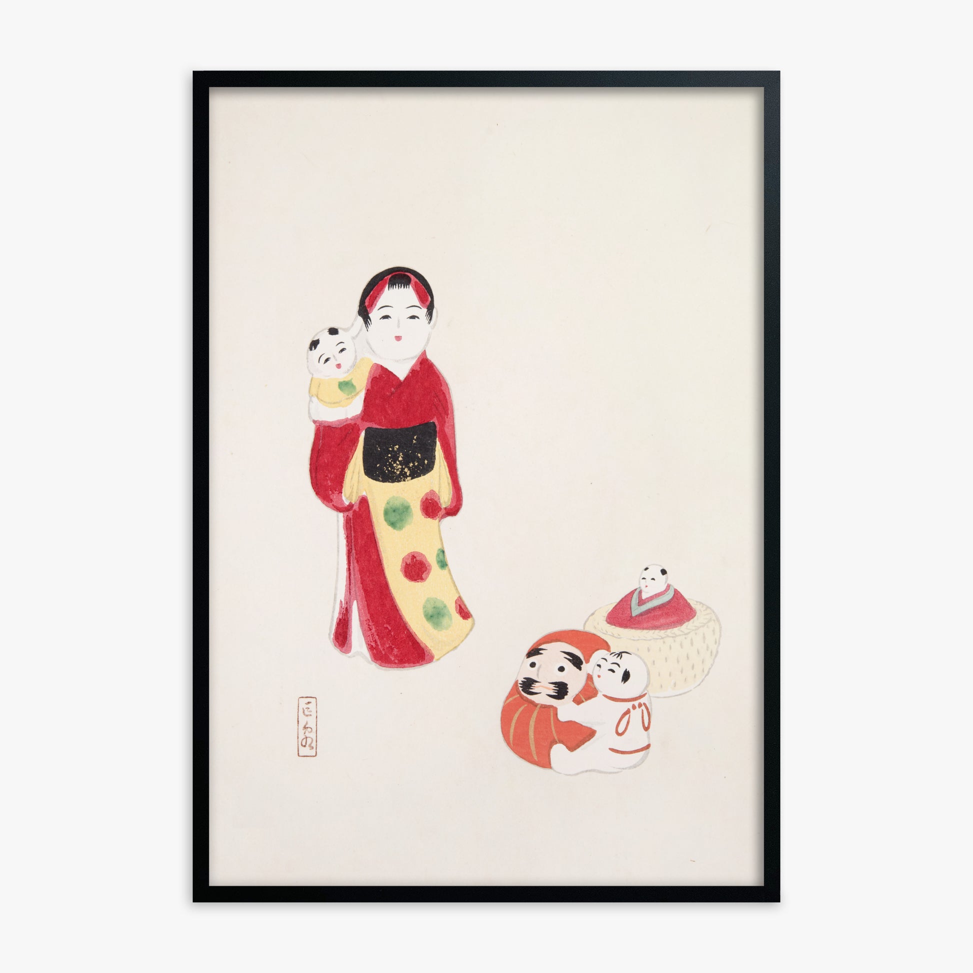 Kawasaki Kyosen: Kyosen’s Collected Illustrations of Japanese Toys Nr. 14 ("Guardian of Traditions: Japanese Folk Dolls"), Black Framed Art Reproduction With Black Frame