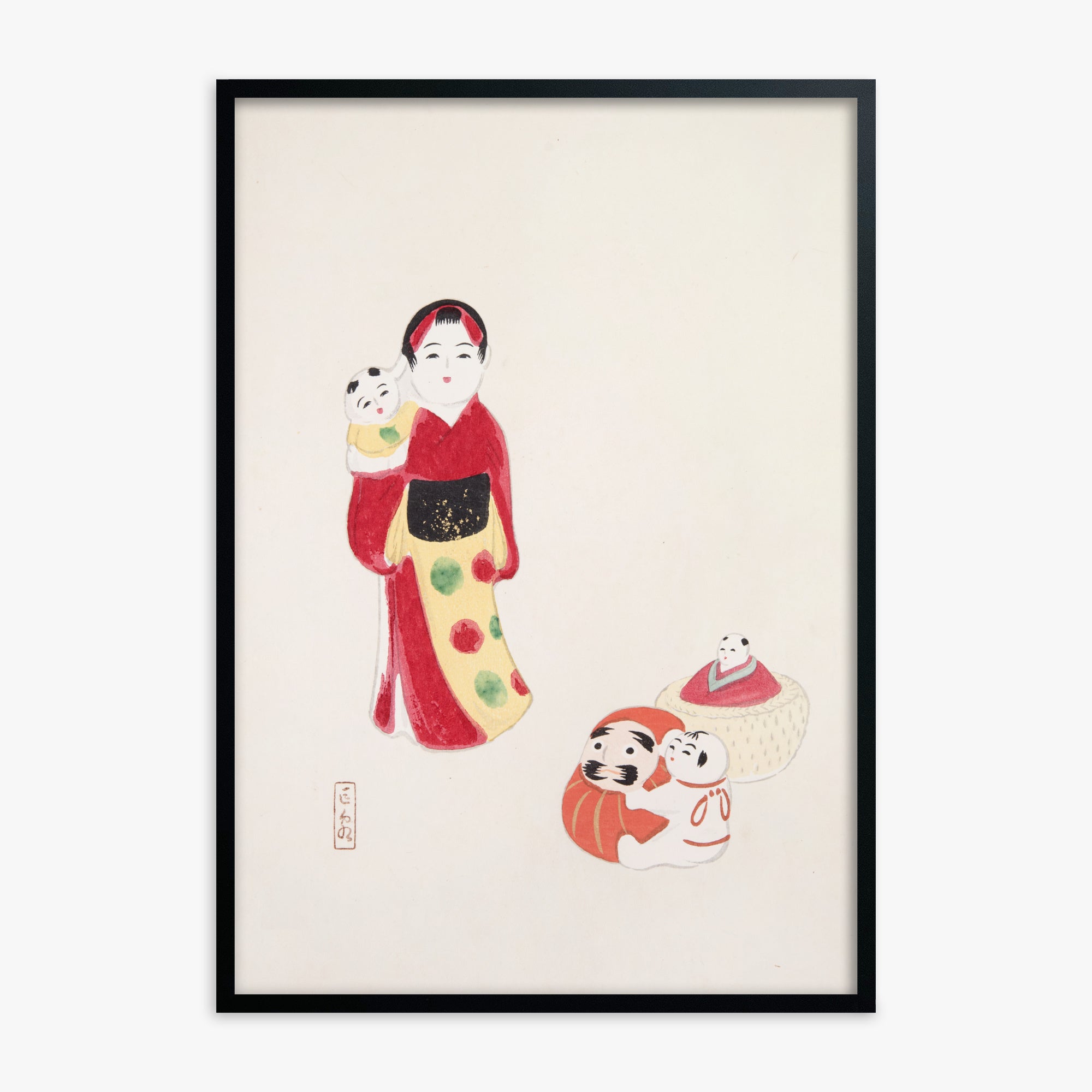 Kawasaki Kyosen: Kyosen’s Collected Illustrations of Japanese Toys Nr. 14 ("Guardian of Traditions: Japanese Folk Dolls"), Black Framed Art Reproduction With Black Frame