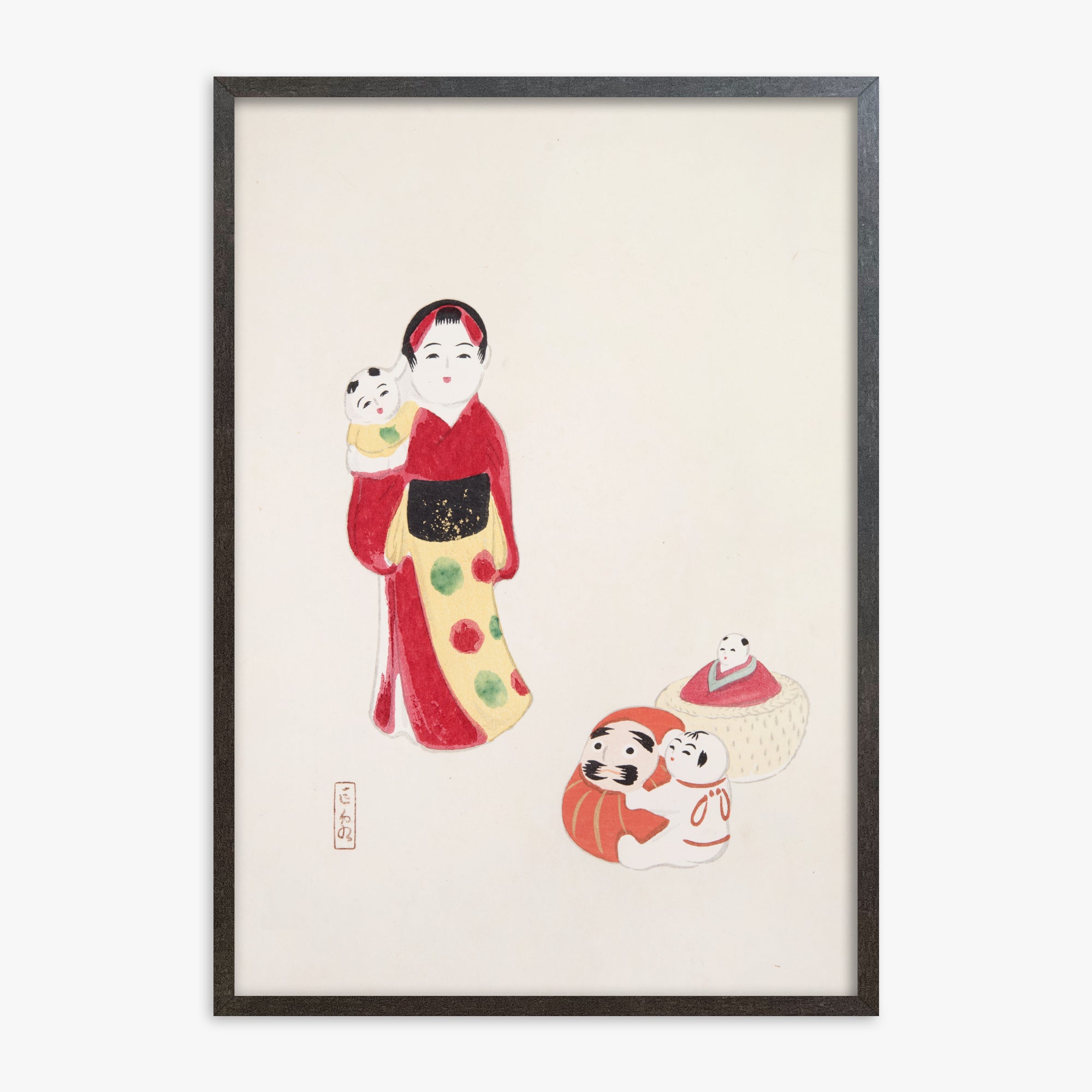 Kawasaki Kyosen: Kyosen’s Collected Illustrations of Japanese Toys Nr. 14 ("Guardian of Traditions: Japanese Folk Dolls"), 70x100cm Framed Art Reproduction With Espresso Frame