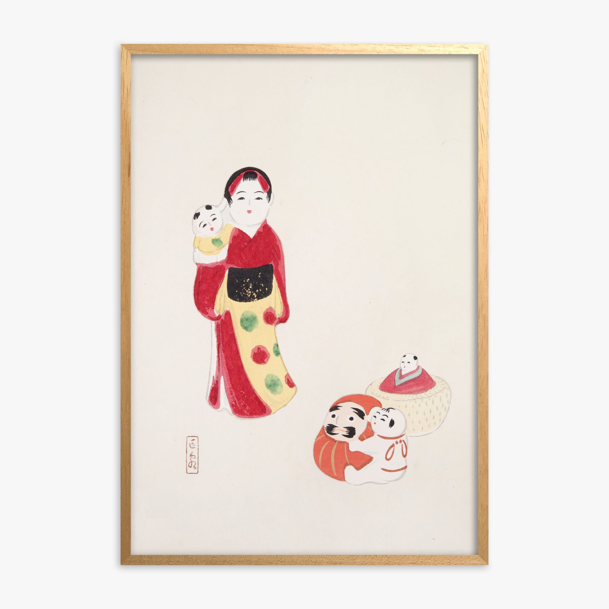 Kawasaki Kyosen: Kyosen’s Collected Illustrations of Japanese Toys Nr. 14 ("Guardian of Traditions: Japanese Folk Dolls"), Oak Framed Art Reproduction With Oak Frame