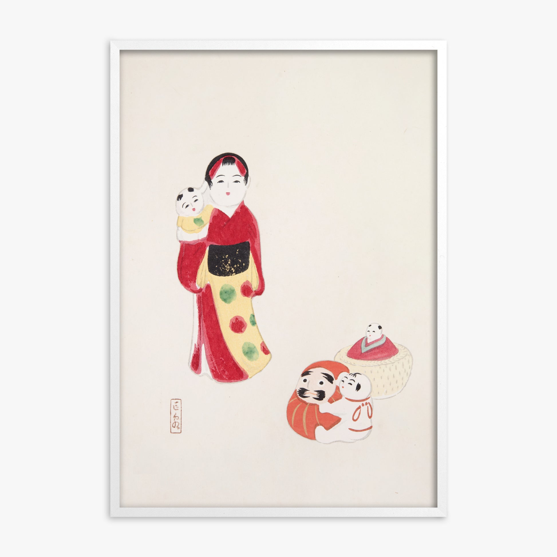 Kawasaki Kyosen: Kyosen’s Collected Illustrations of Japanese Toys Nr. 14 ("Guardian of Traditions: Japanese Folk Dolls"), White Framed Art Reproduction With White Frame