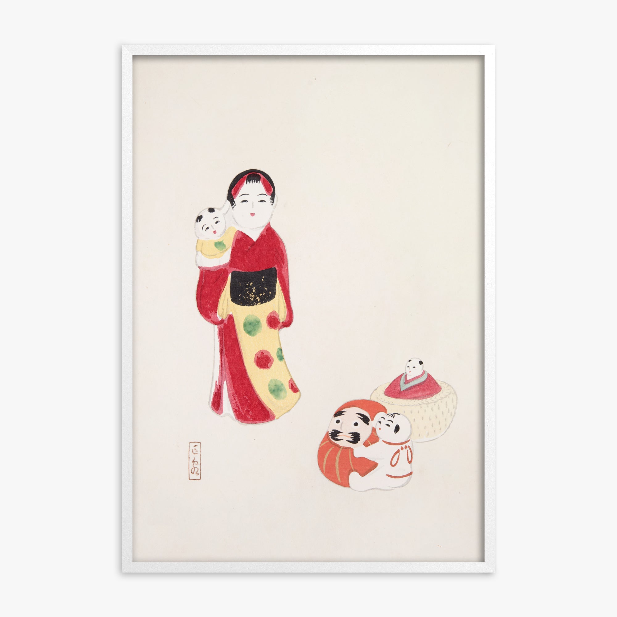 Kawasaki Kyosen: Kyosen’s Collected Illustrations of Japanese Toys Nr. 14 ("Guardian of Traditions: Japanese Folk Dolls"), White Framed Art Reproduction With White Frame