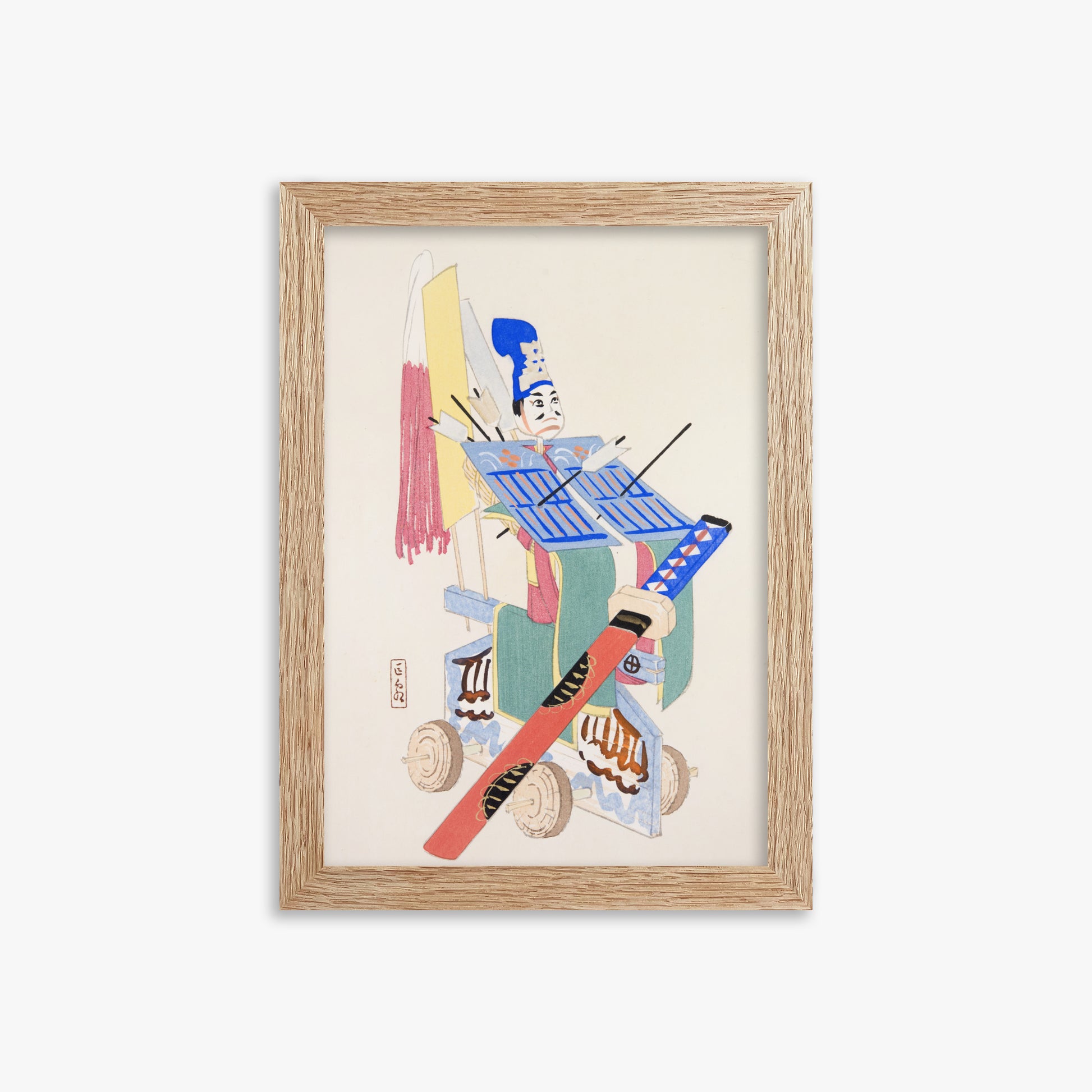 Kawasaki Kyosen: Kyosen’s Collected Illustrations of Japanese Toys Nr. 15 ("Festival Archer"), 21x30cm Framed Art Reproduction With Raw Oak Frame
