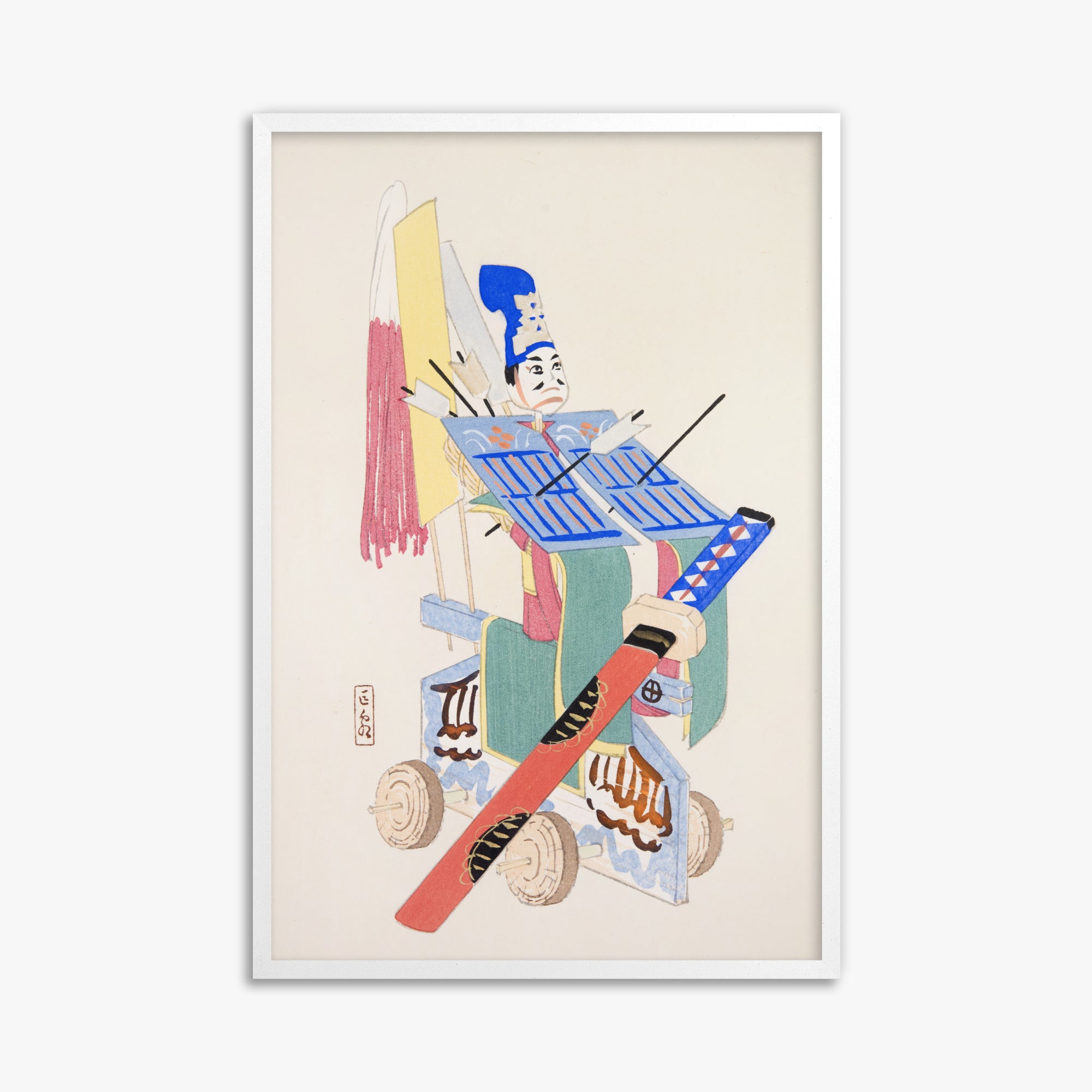 Kawasaki Kyosen: Kyosen’s Collected Illustrations of Japanese Toys Nr. 15 ("Festival Archer"), 61x91cm Framed Art Reproduction With White Frame