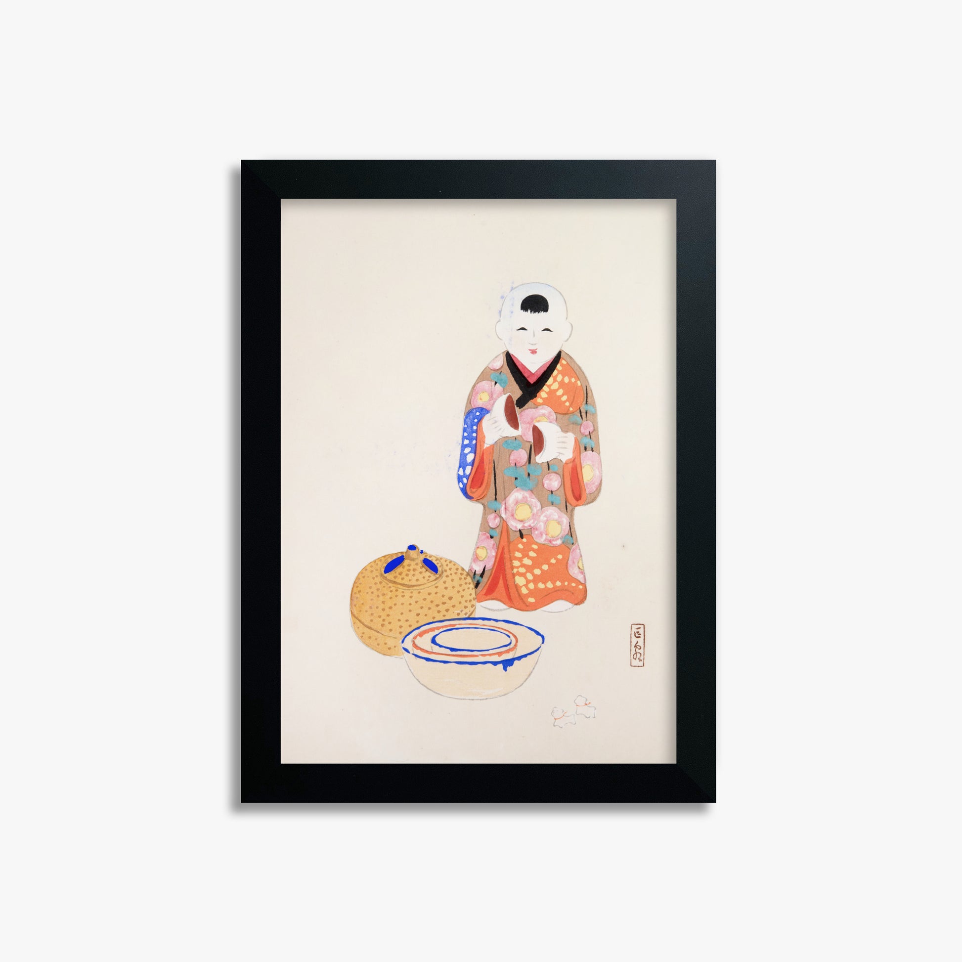 Kawasaki Kyosen: Kyosen’s Collected Illustrations of Japanese Toys Nr. 16 ("Serene Tea Ceremony"), 21x30cm Framed Art Reproduction With Black Frame