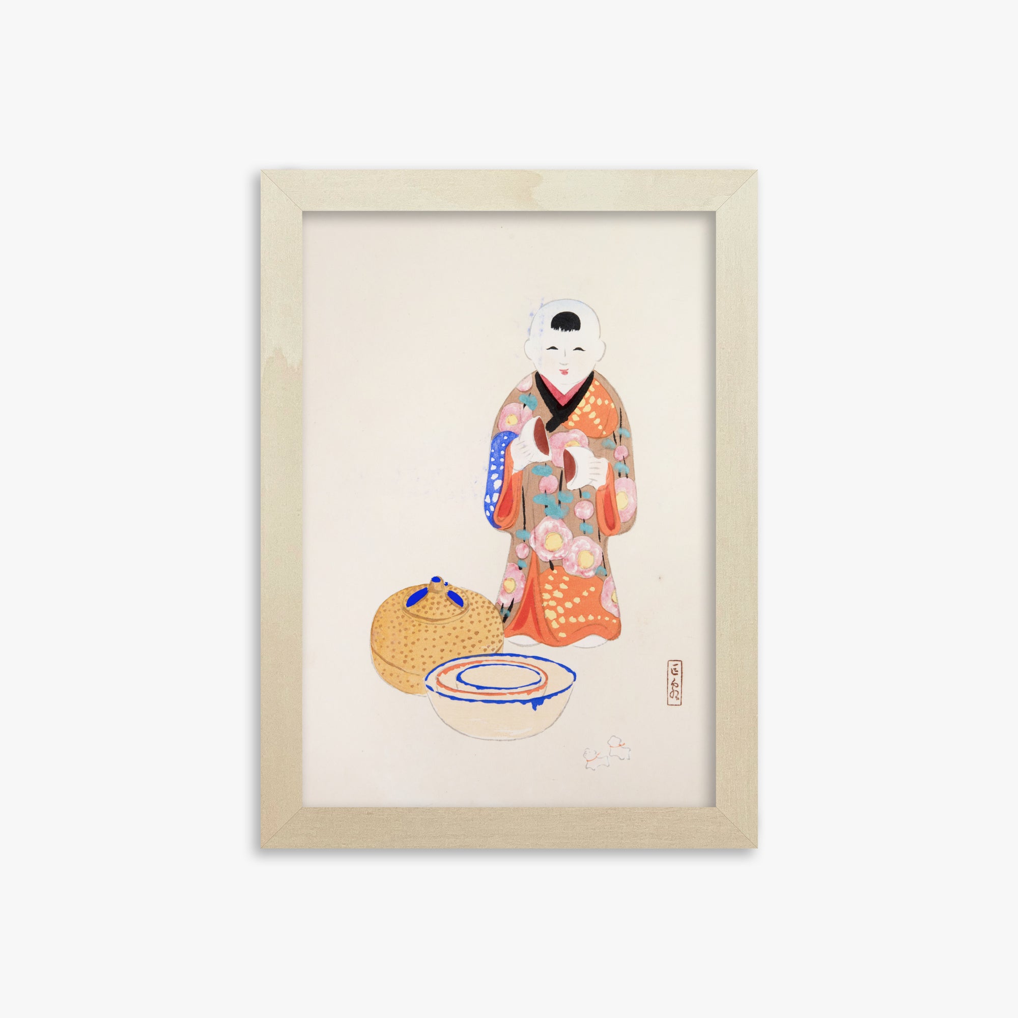 Kawasaki Kyosen: Kyosen’s Collected Illustrations of Japanese Toys Nr. 16 ("Serene Tea Ceremony"), 21x30cm Framed Art Reproduction With Lime Wood Frame