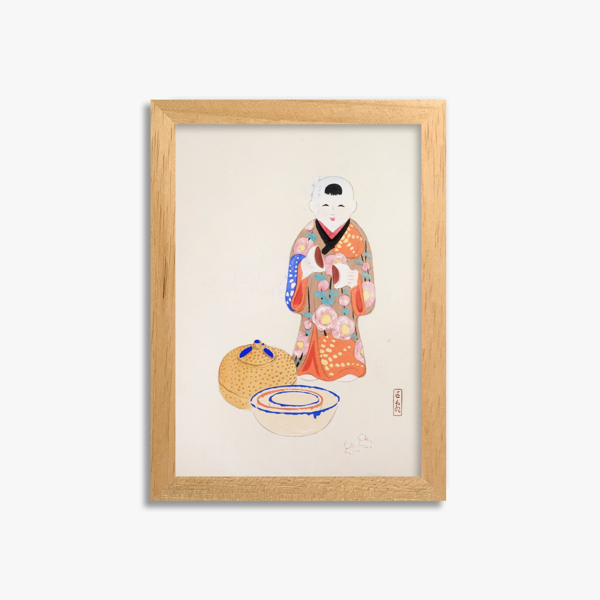 Kawasaki Kyosen: Kyosen’s Collected Illustrations of Japanese Toys Nr. 16 ("Serene Tea Ceremony"), 21x30cm Framed Art Reproduction With Oak Frame