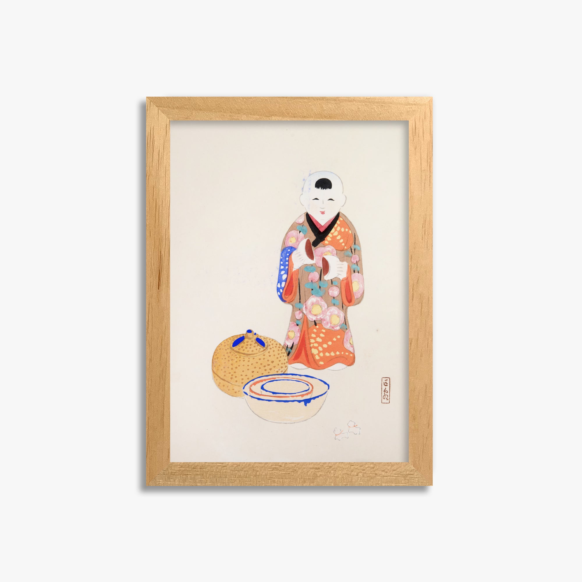 Kawasaki Kyosen: Kyosen’s Collected Illustrations of Japanese Toys Nr. 16 ("Serene Tea Ceremony"), 21x30cm Framed Art Reproduction With Oak Frame