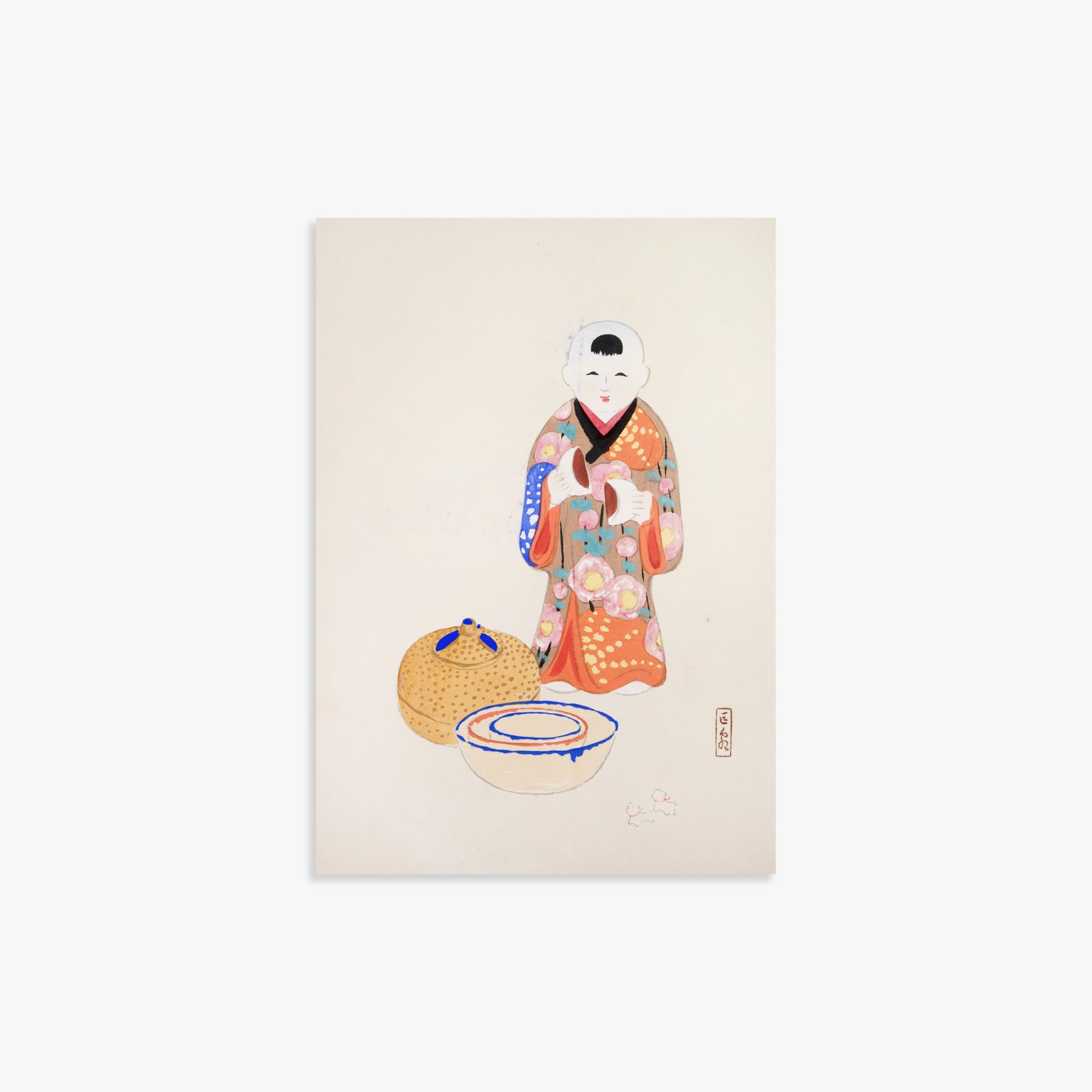 Kawasaki Kyosen: Kyosen’s Collected Illustrations of Japanese Toys Nr. 16 ("Serene Tea Ceremony"), 21x30cm Art Reproduction Unframed
