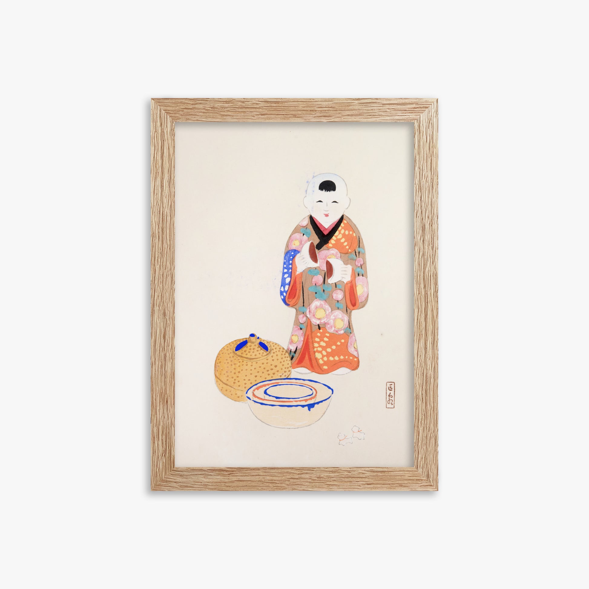 Kawasaki Kyosen: Kyosen’s Collected Illustrations of Japanese Toys Nr. 16 ("Serene Tea Ceremony"), 21x30cm Framed Art Reproduction With Raw Oak Frame