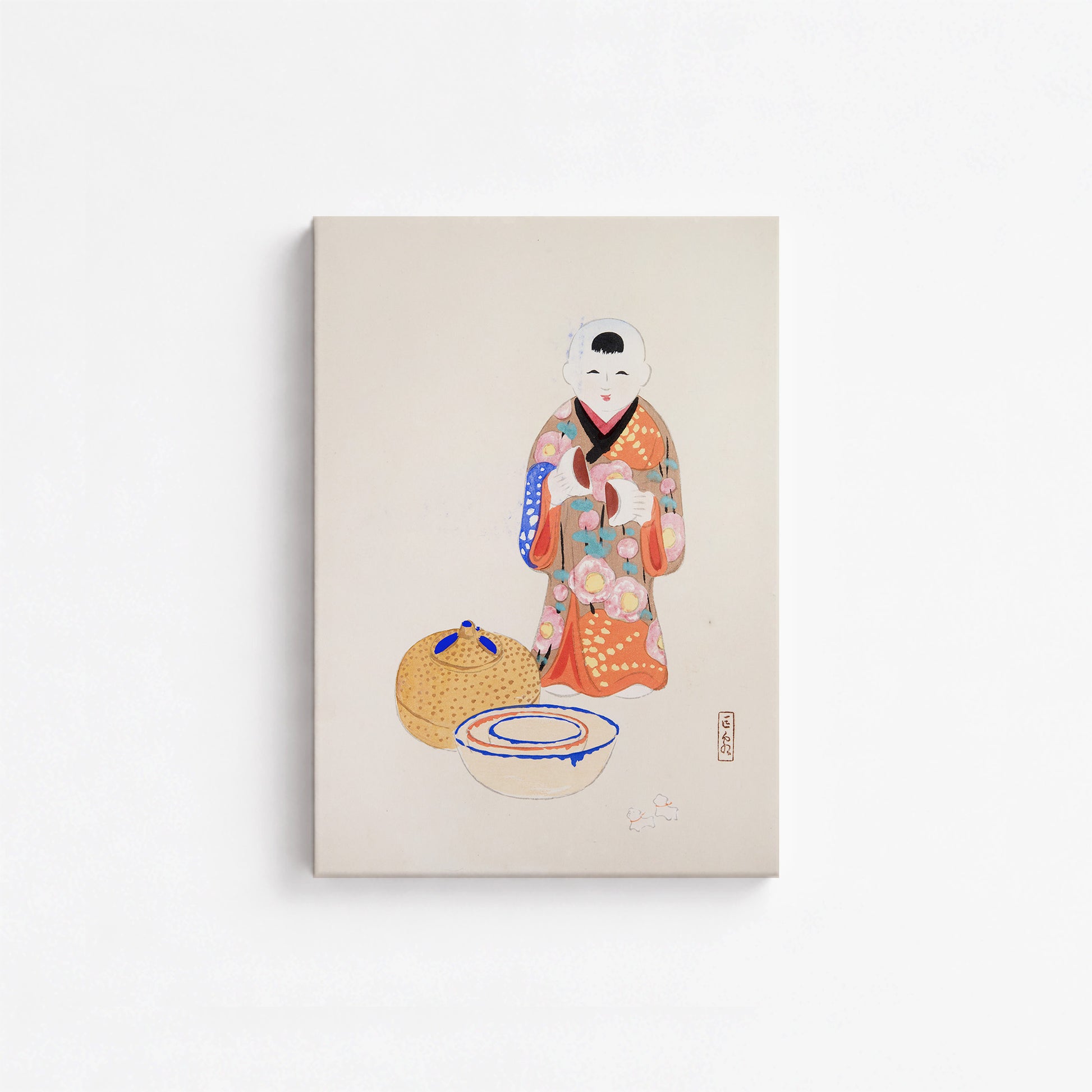 Kawasaki Kyosen: Kyosen’s Collected Illustrations of Japanese Toys Nr. 16 ("Serene Tea Ceremony"), 21x30cm Satin Canvas Art Reproduction