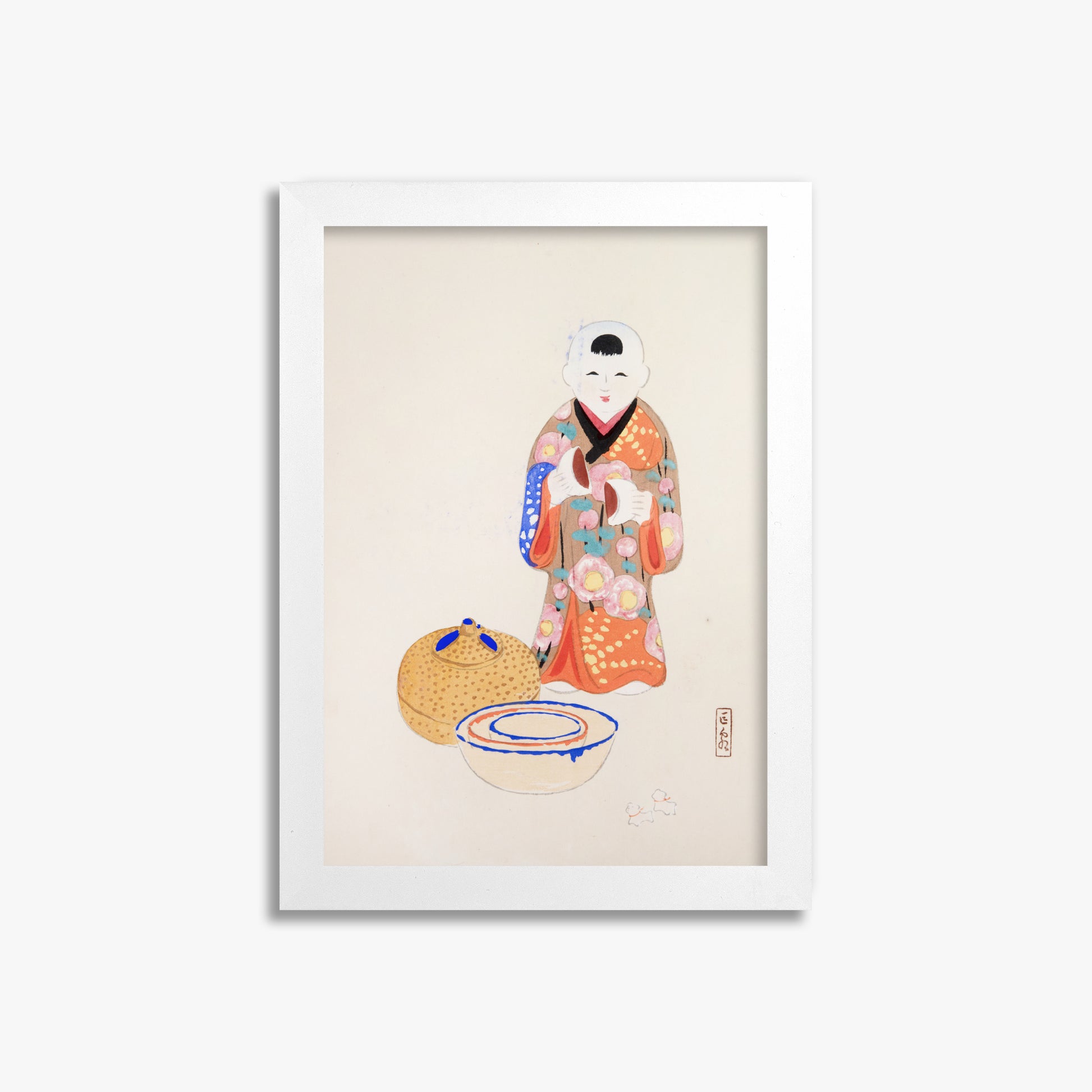 Kawasaki Kyosen: Kyosen’s Collected Illustrations of Japanese Toys Nr. 16 ("Serene Tea Ceremony"), 21x30cm Framed Art Reproduction With White Frame