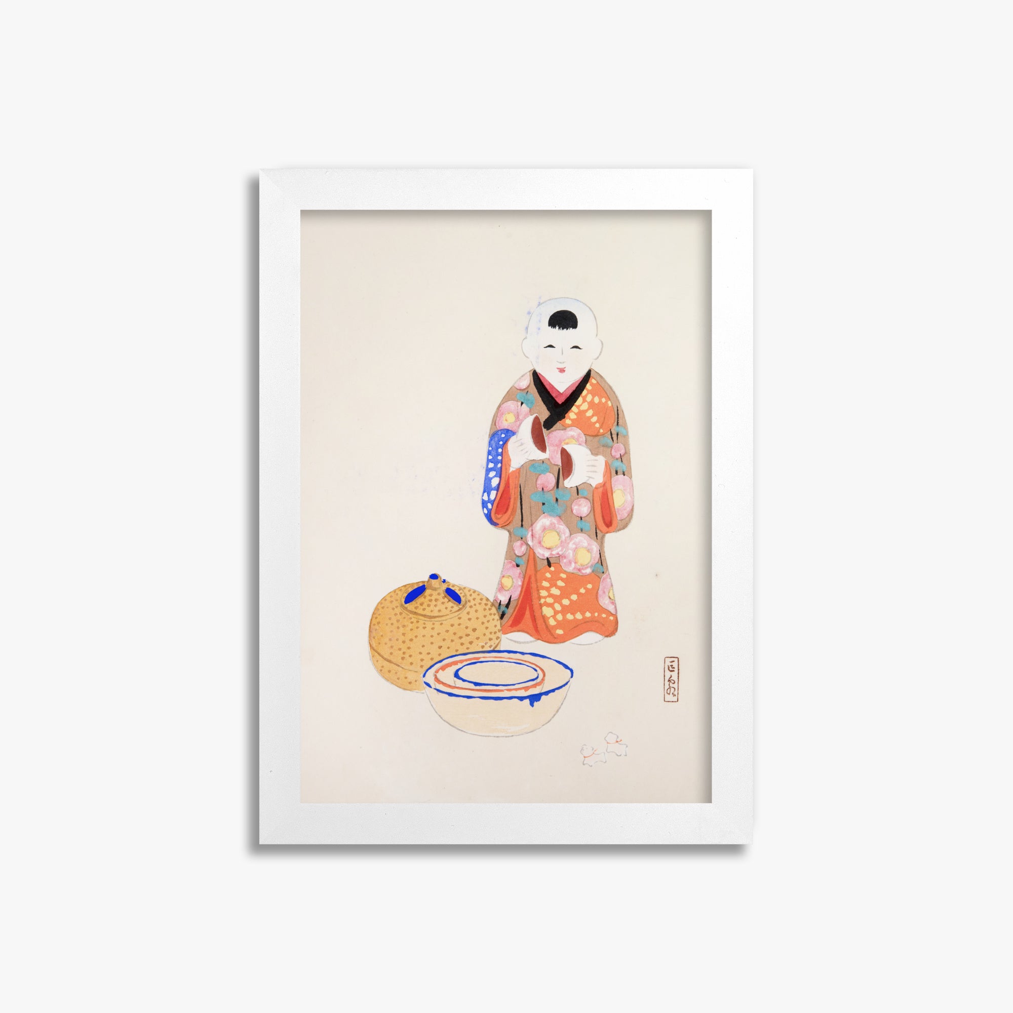 Kawasaki Kyosen: Kyosen’s Collected Illustrations of Japanese Toys Nr. 16 ("Serene Tea Ceremony"), 21x30cm Framed Art Reproduction With White Frame