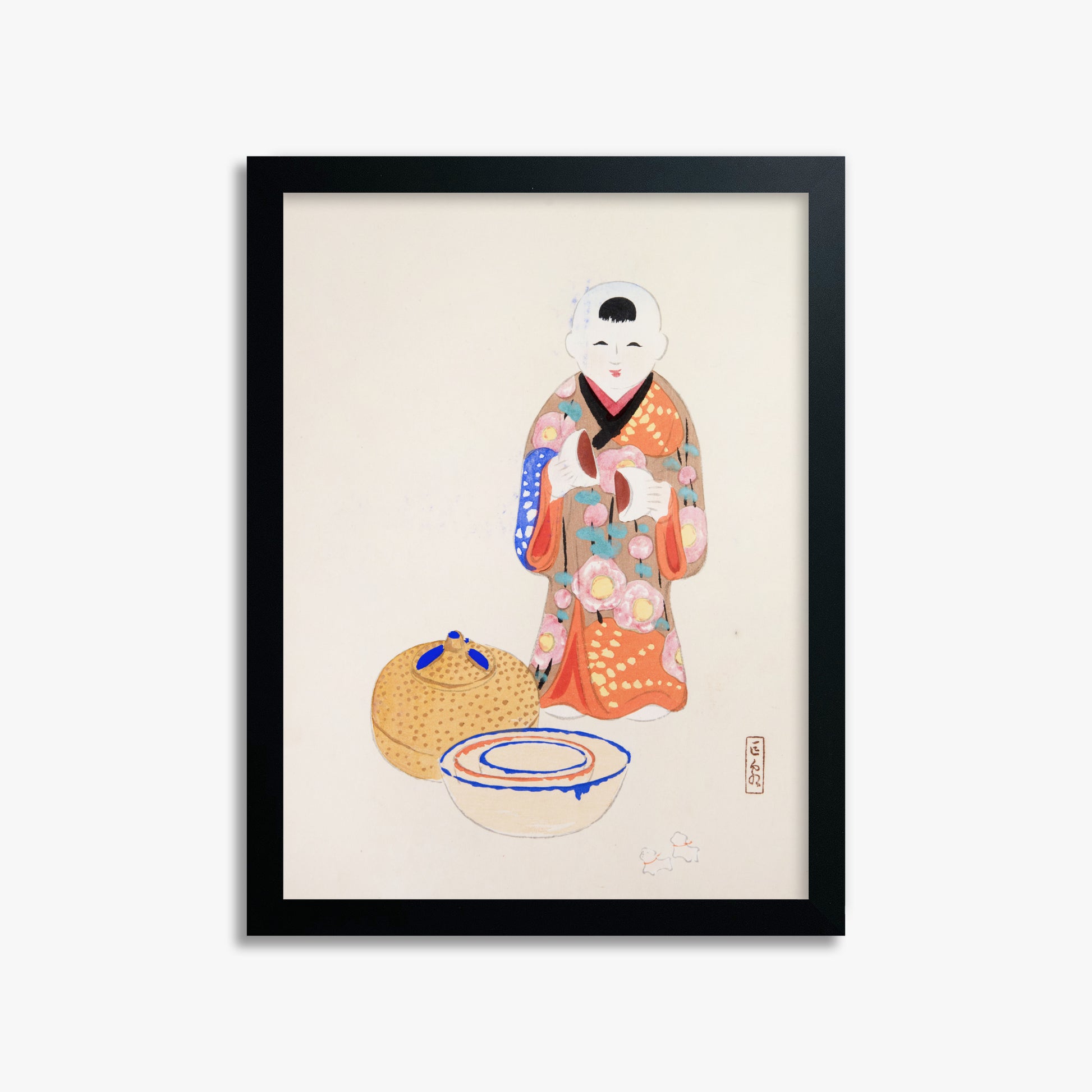 Kawasaki Kyosen: Kyosen’s Collected Illustrations of Japanese Toys Nr. 16 ("Serene Tea Ceremony"), 30x40cm Framed Art Reproduction With Black Frame