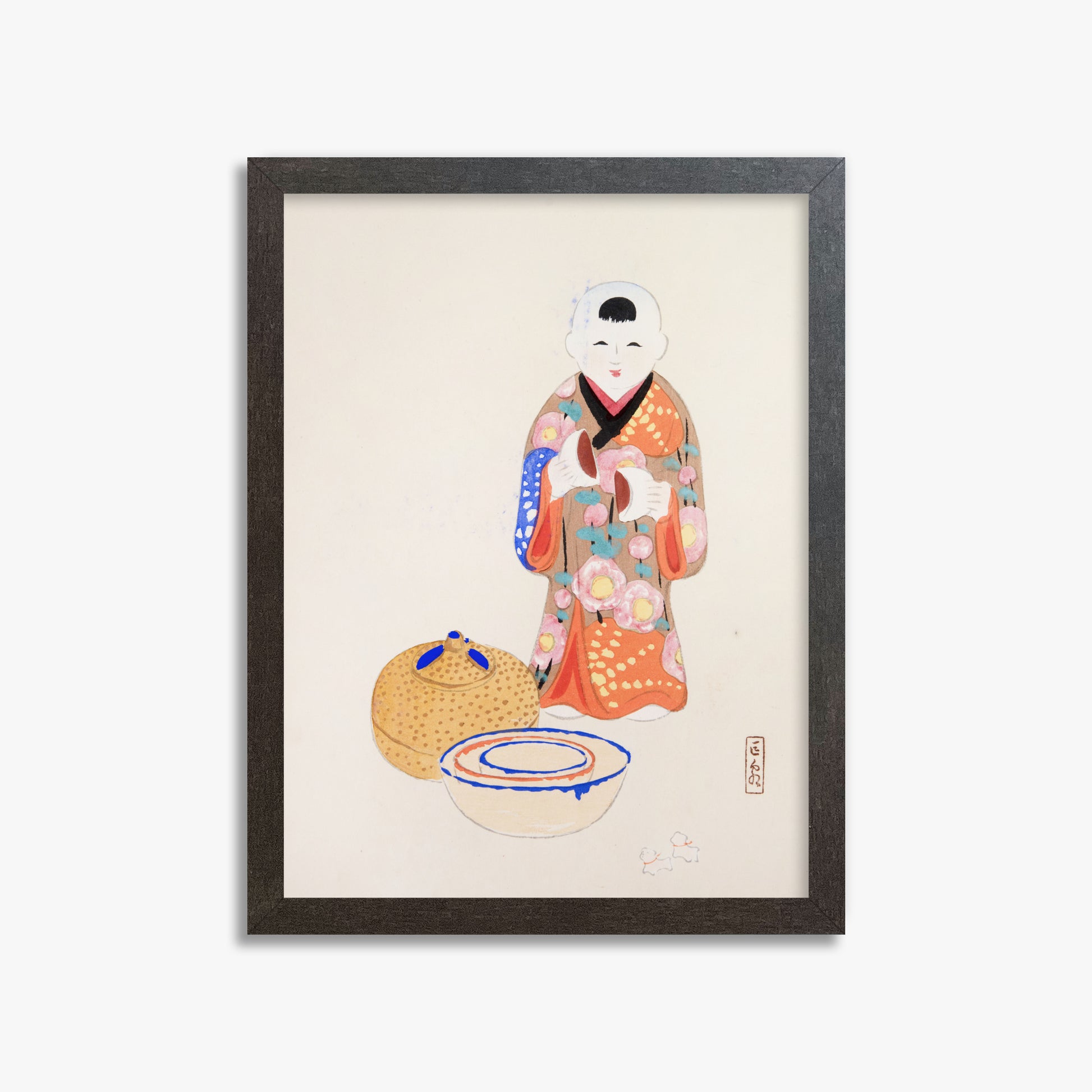 Kawasaki Kyosen: Kyosen’s Collected Illustrations of Japanese Toys Nr. 16 ("Serene Tea Ceremony"), 30x40cm Framed Art Reproduction With Espresso Frame