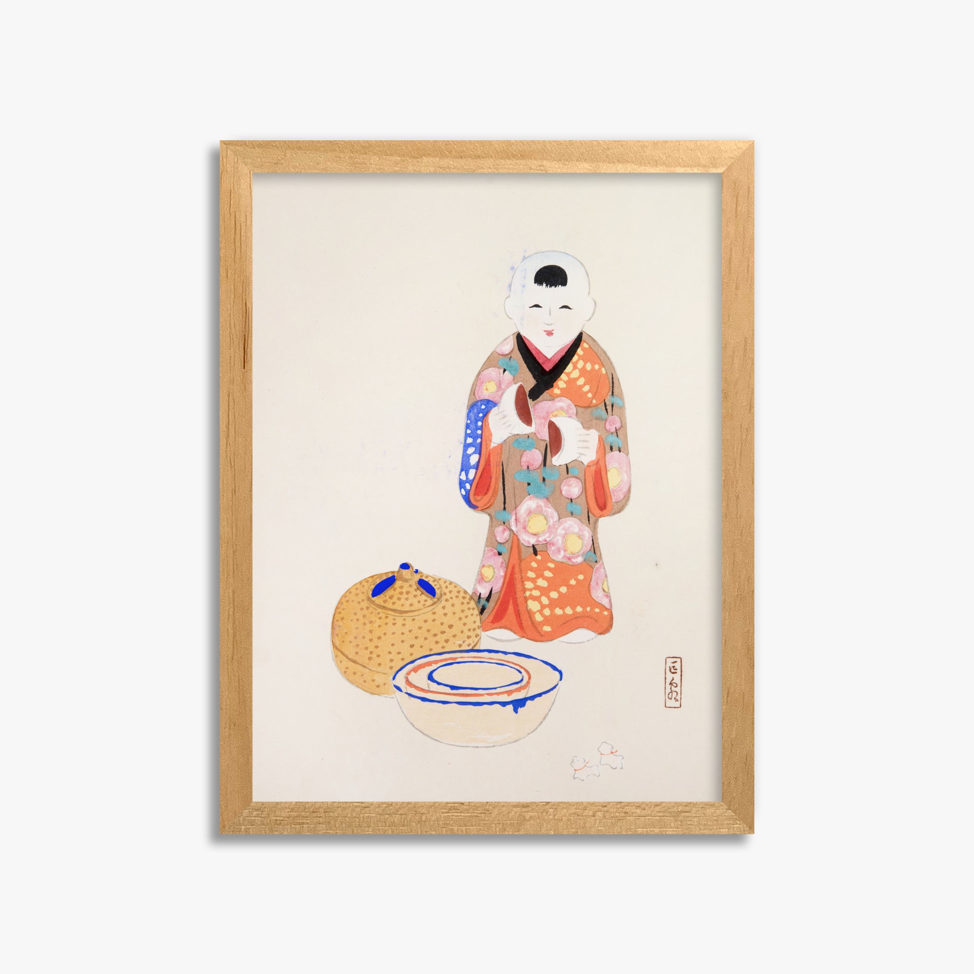 Kawasaki Kyosen: Kyosen’s Collected Illustrations of Japanese Toys Nr. 16 ("Serene Tea Ceremony"), 30x40cm Framed Art Reproduction With Oak Frame