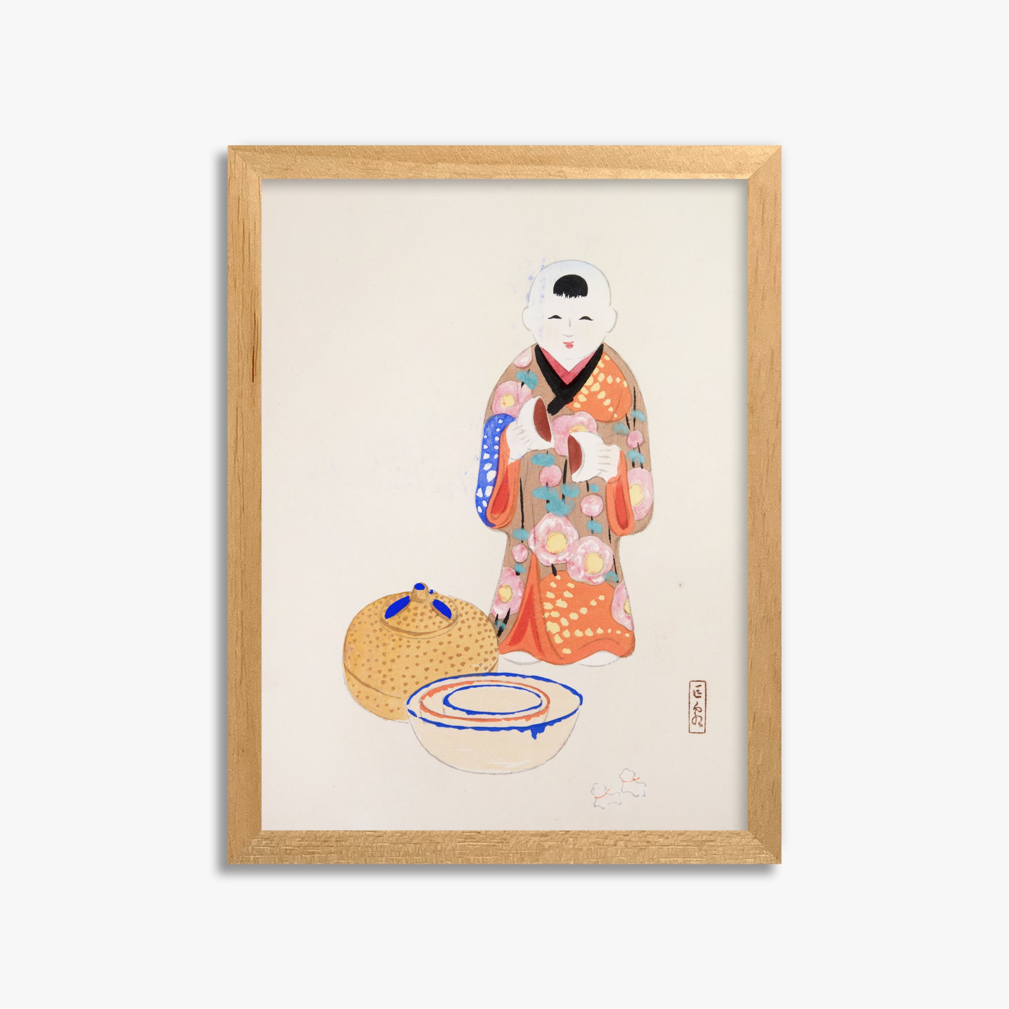 Kawasaki Kyosen: Kyosen’s Collected Illustrations of Japanese Toys Nr. 16 ("Serene Tea Ceremony"), 30x40cm Framed Art Reproduction With Oak Frame