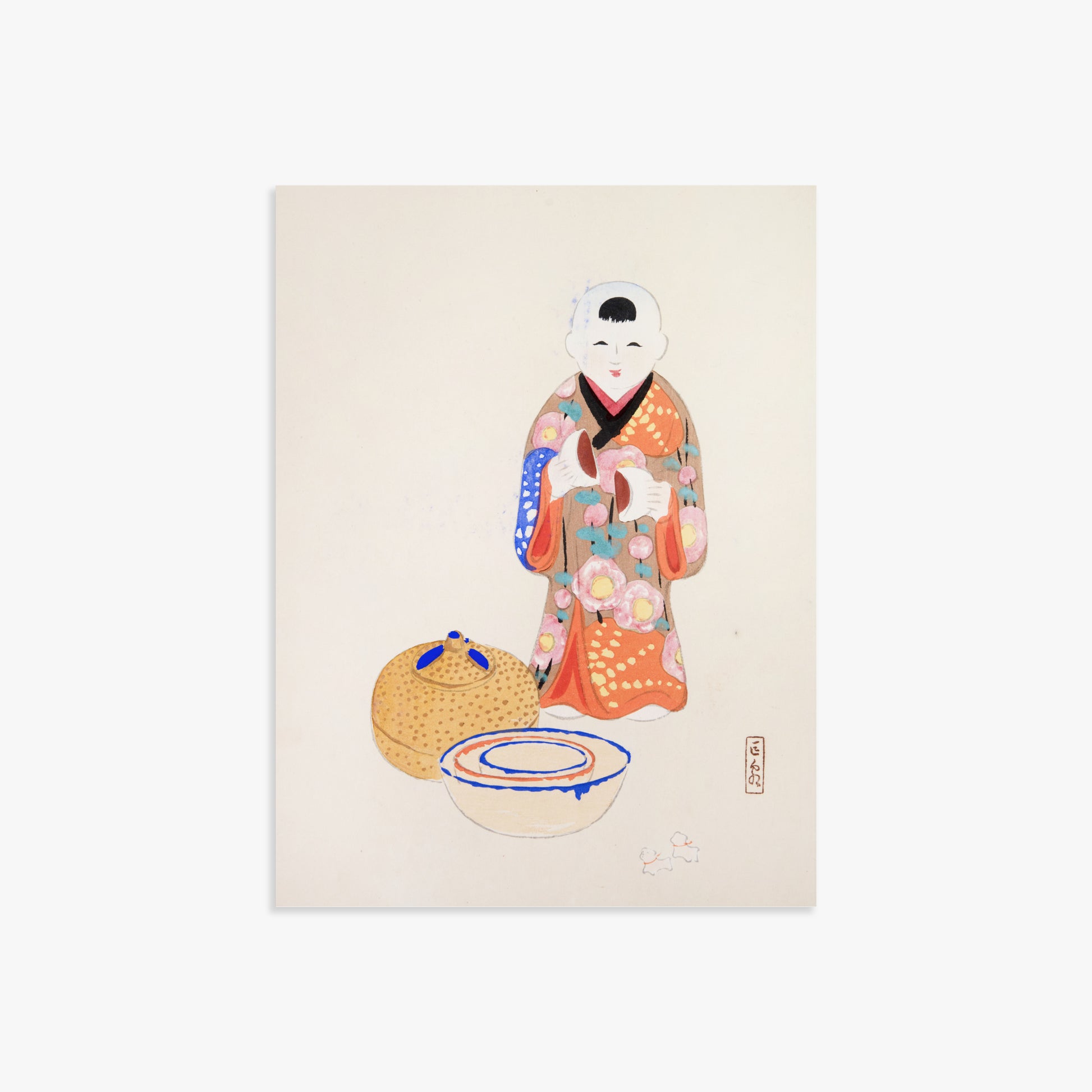 Kawasaki Kyosen: Kyosen’s Collected Illustrations of Japanese Toys Nr. 16 ("Serene Tea Ceremony"), 30x40cm Art Reproduction Unframed