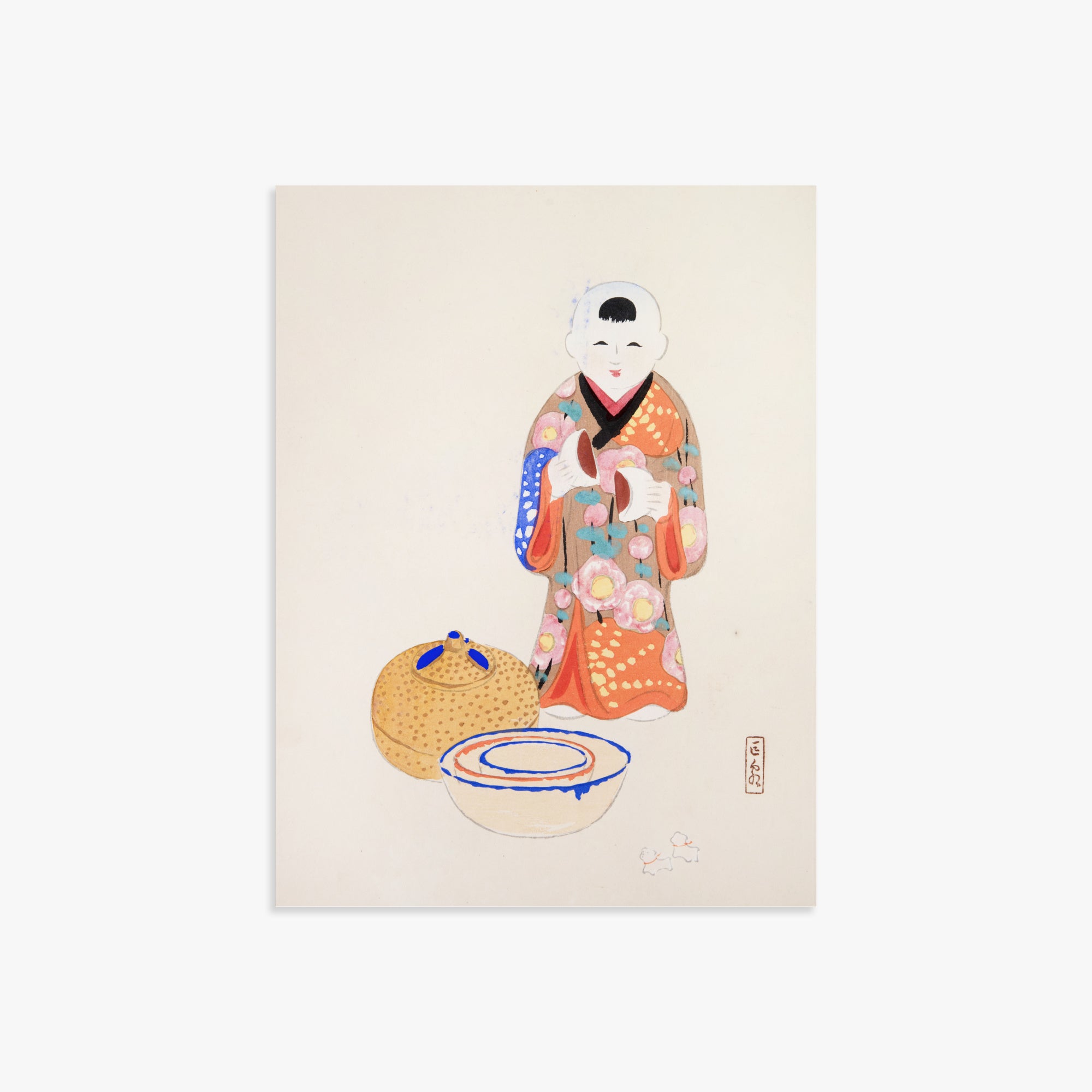 Kawasaki Kyosen: Kyosen’s Collected Illustrations of Japanese Toys Nr. 16 ("Serene Tea Ceremony"), 30x40cm Art Reproduction Unframed