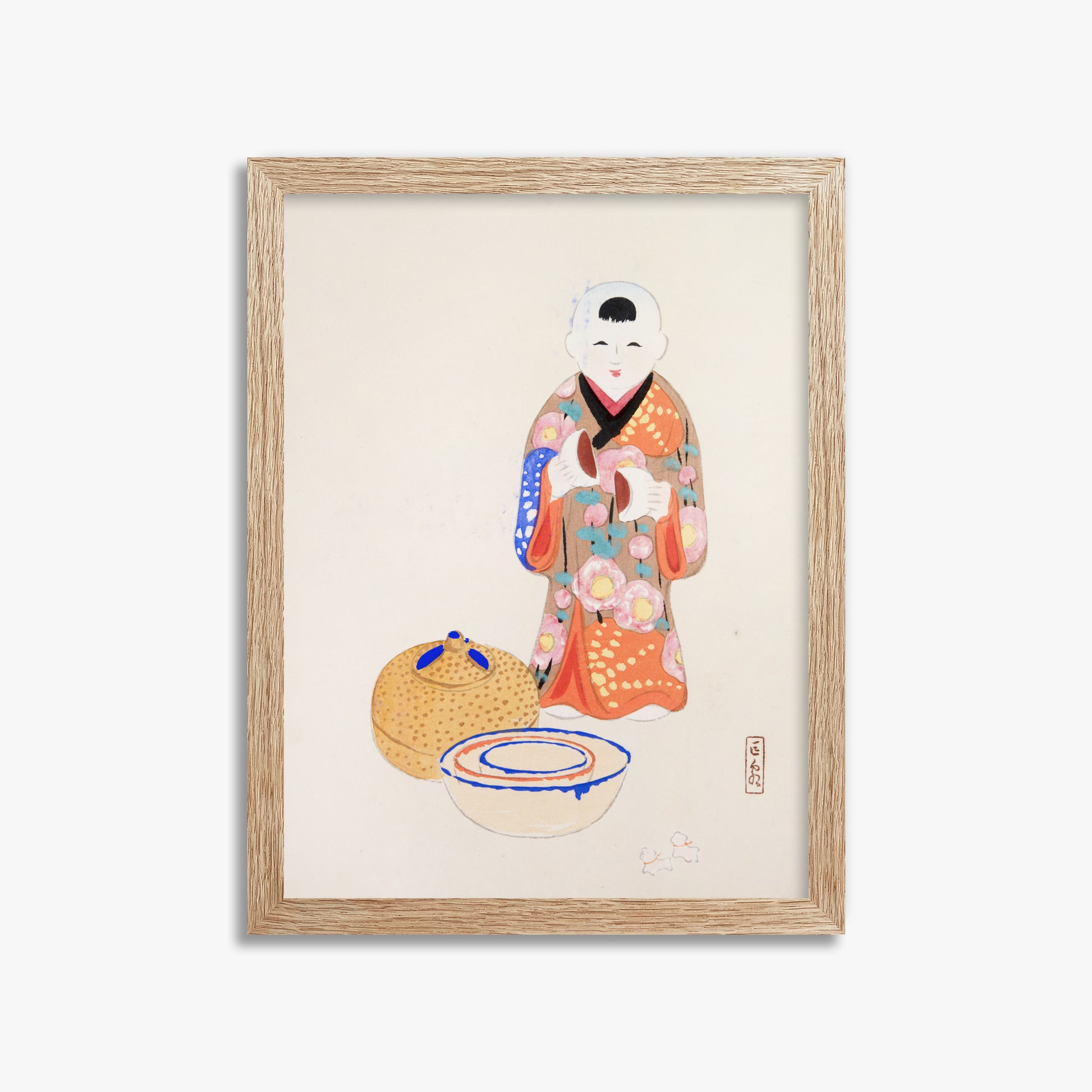 Kawasaki Kyosen: Kyosen’s Collected Illustrations of Japanese Toys Nr. 16 ("Serene Tea Ceremony"), 30x40cm Framed Art Reproduction With Raw Oak Frame