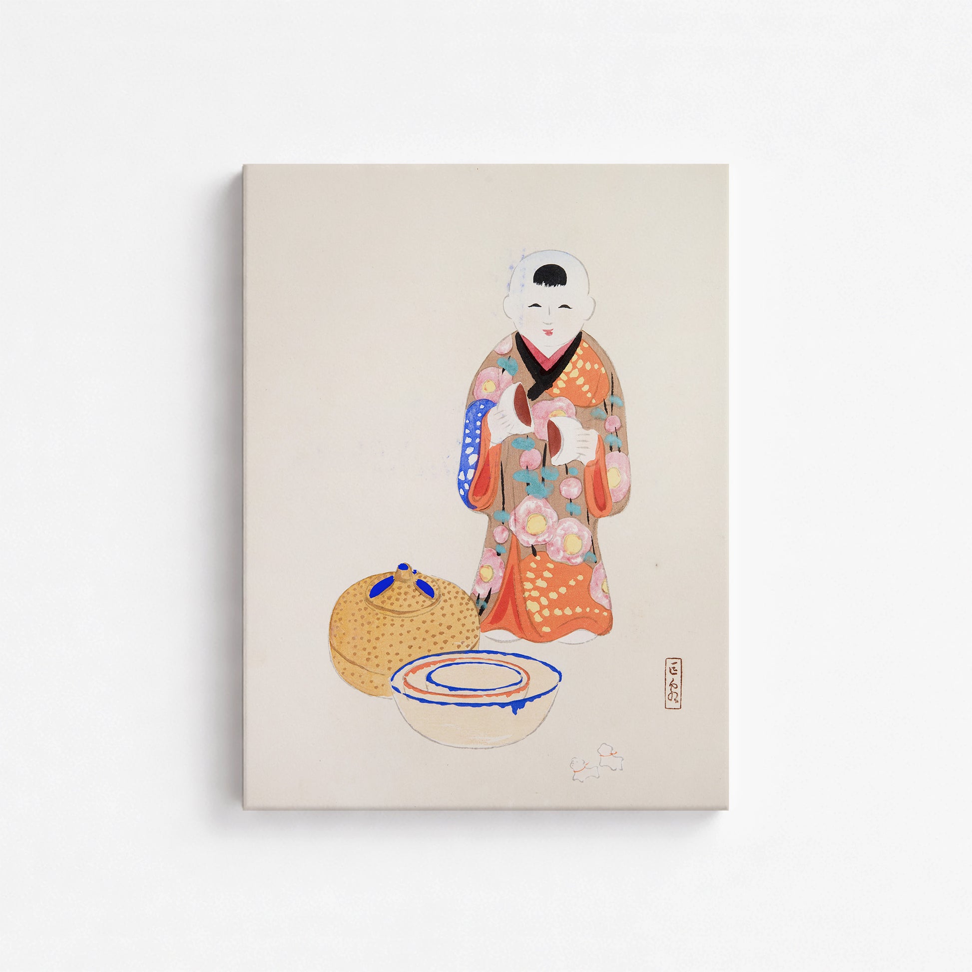 Kawasaki Kyosen: Kyosen’s Collected Illustrations of Japanese Toys Nr. 16 ("Serene Tea Ceremony"), 30x40cm Satin Canvas Art Reproduction