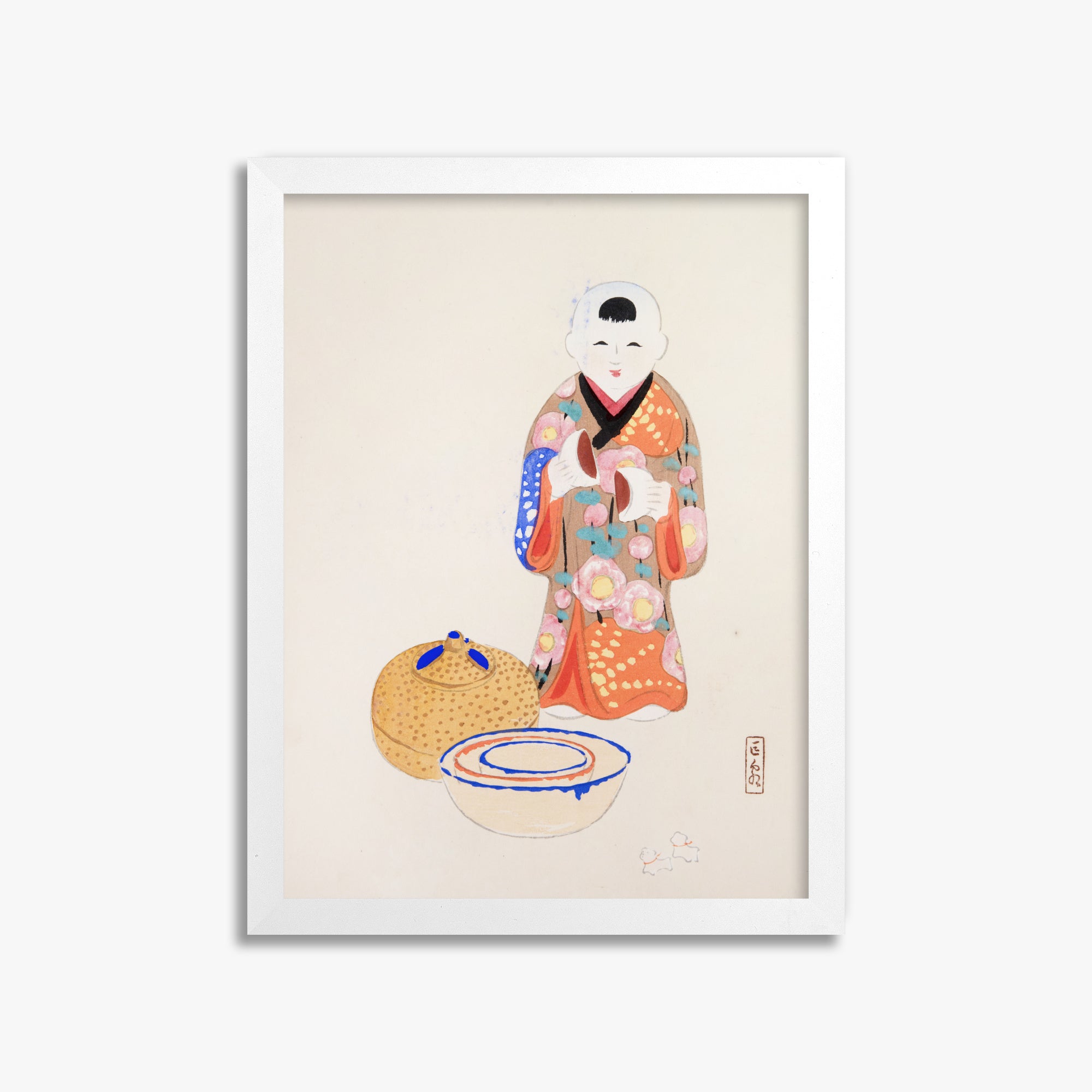 Kawasaki Kyosen: Kyosen’s Collected Illustrations of Japanese Toys Nr. 16 ("Serene Tea Ceremony"), 30x40cm Framed Art Reproduction With White Frame
