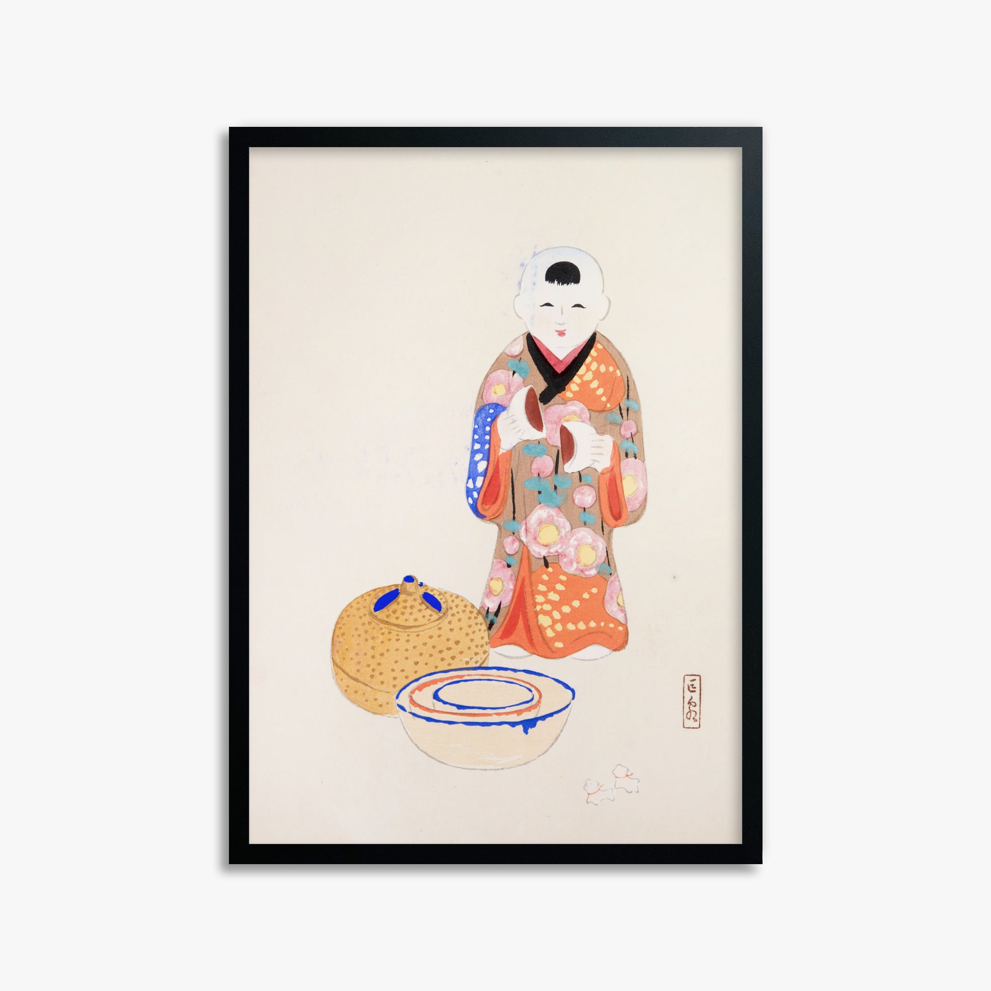 Kawasaki Kyosen: Kyosen’s Collected Illustrations of Japanese Toys Nr. 16 ("Serene Tea Ceremony"), 50x70cm Framed Art Reproduction With Black Frame