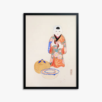 Kawasaki Kyosen: Kyosen’s Collected Illustrations of Japanese Toys Nr. 16 ("Serene Tea Ceremony"), 50x70cm Framed Art Reproduction With Black Frame