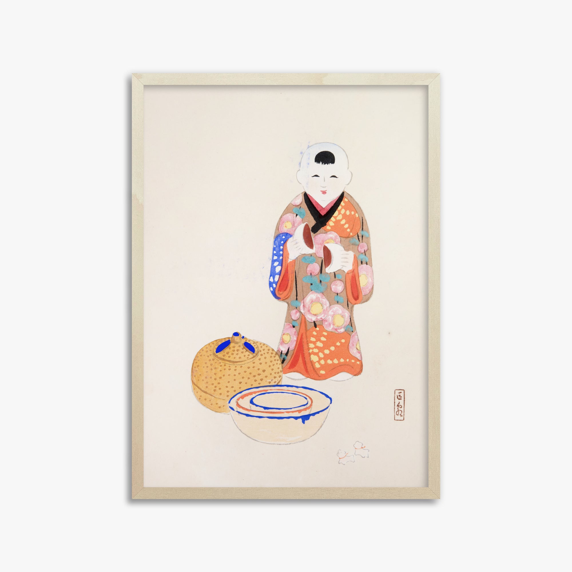 Kawasaki Kyosen: Kyosen’s Collected Illustrations of Japanese Toys Nr. 16 ("Serene Tea Ceremony"), 50x70cm Framed Art Reproduction With Lime Wood Frame