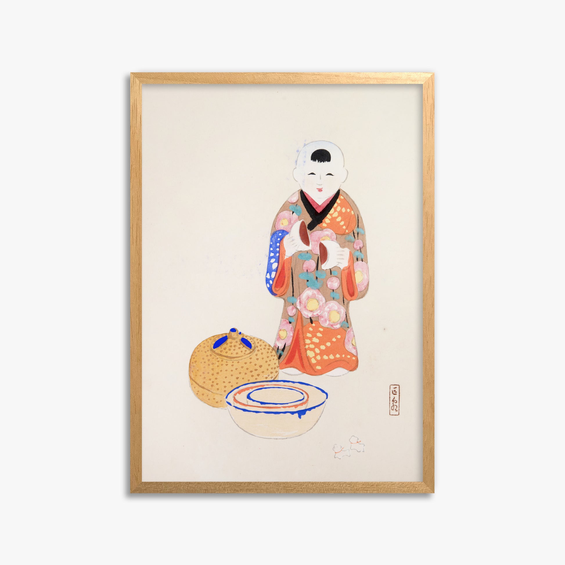 Kawasaki Kyosen: Kyosen’s Collected Illustrations of Japanese Toys Nr. 16 ("Serene Tea Ceremony"), 50x70cm Framed Art Reproduction With Oak Frame