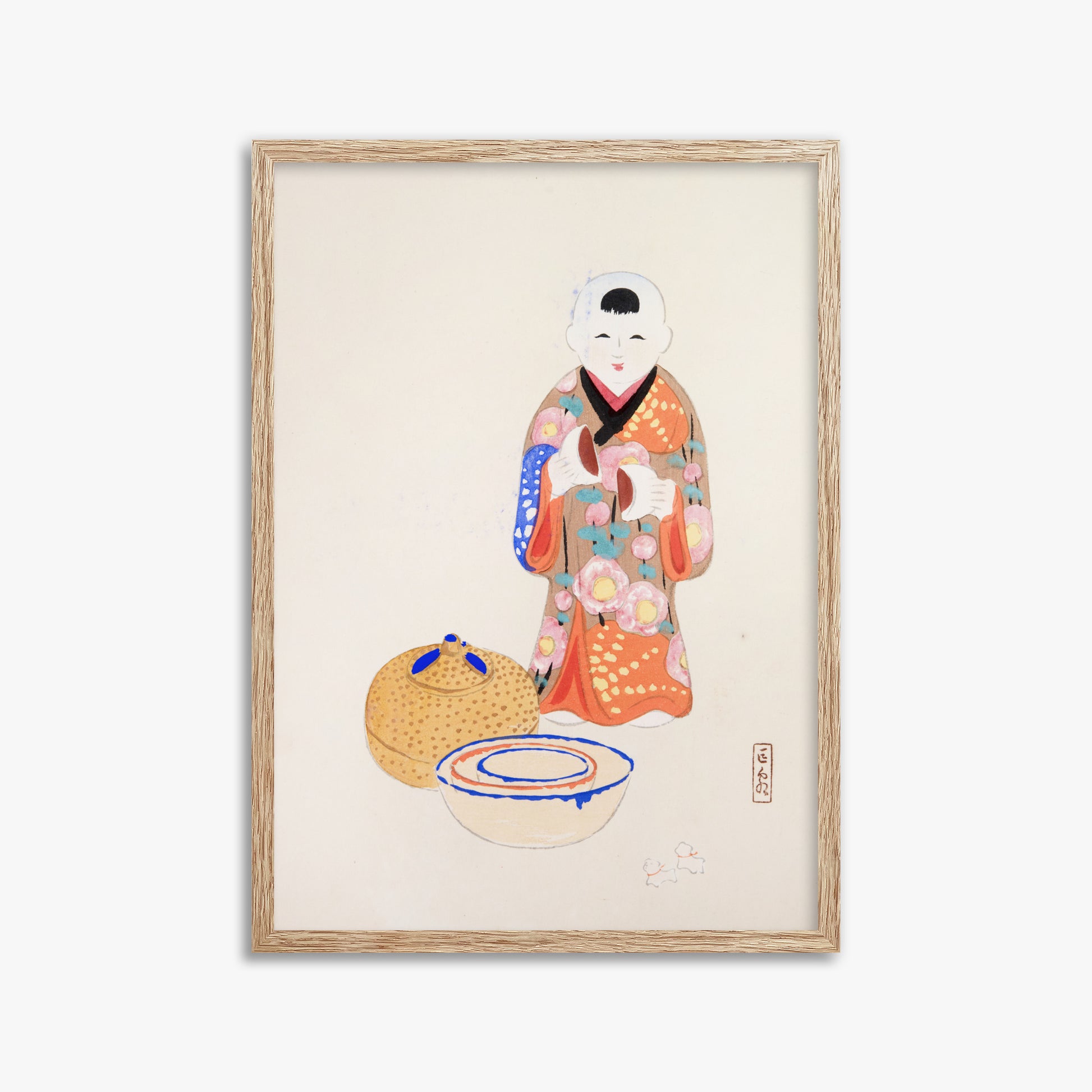 Kawasaki Kyosen: Kyosen’s Collected Illustrations of Japanese Toys Nr. 16 ("Serene Tea Ceremony"), 50x70cm Framed Art Reproduction With Raw Oak Frame