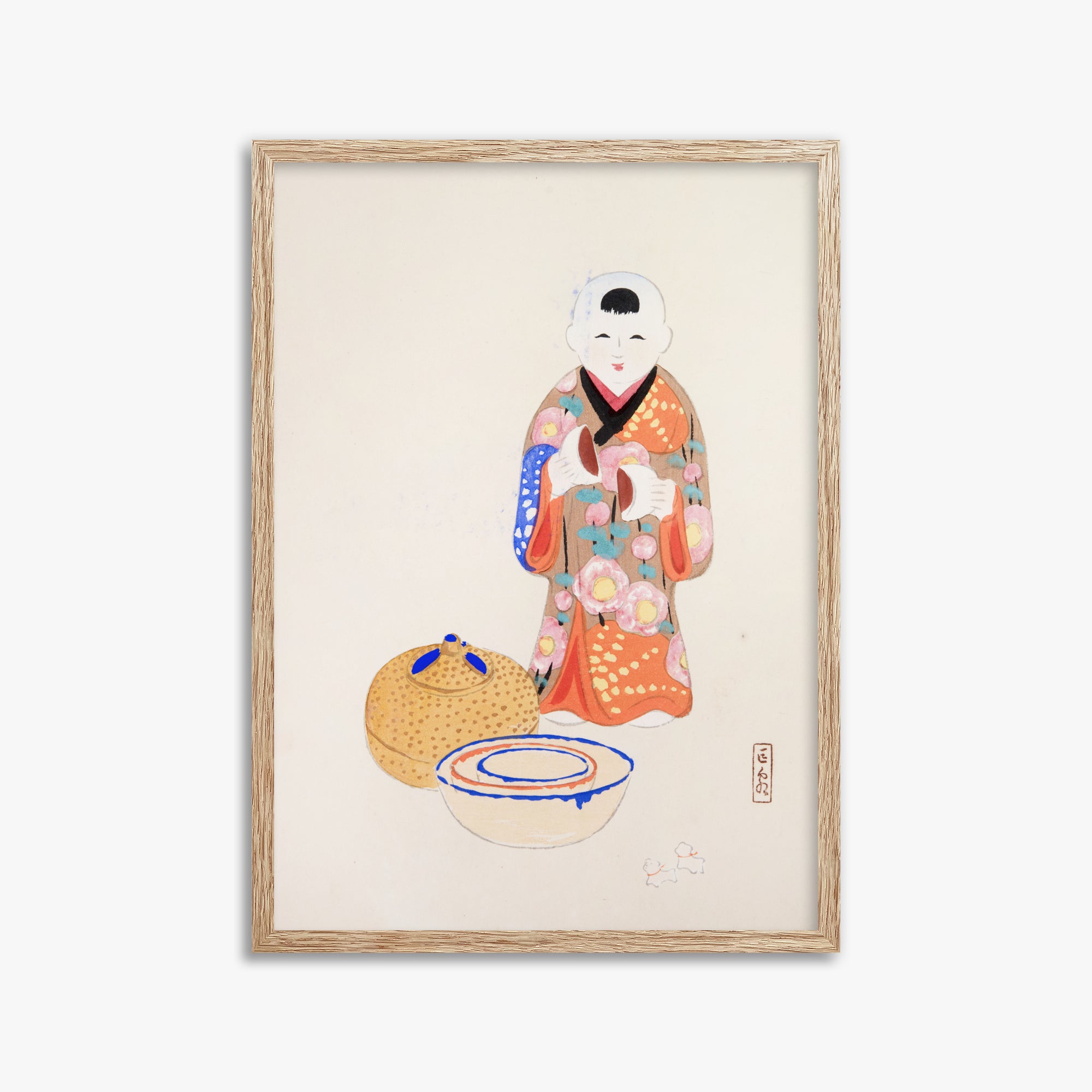 Kawasaki Kyosen: Kyosen’s Collected Illustrations of Japanese Toys Nr. 16 ("Serene Tea Ceremony"), 50x70cm Framed Art Reproduction With Raw Oak Frame