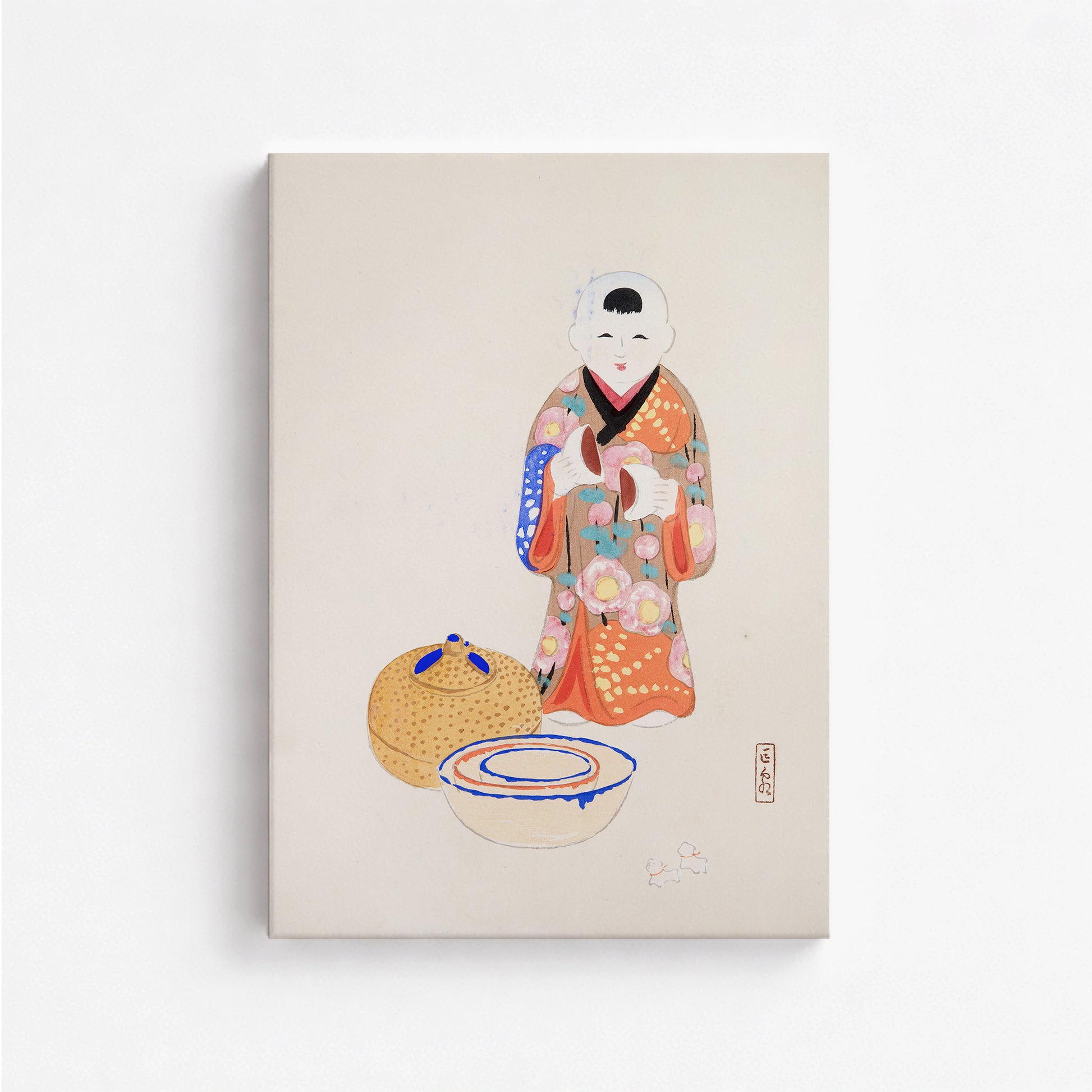 Kawasaki Kyosen: Kyosen’s Collected Illustrations of Japanese Toys Nr. 16 ("Serene Tea Ceremony"), 50x70cm Satin Canvas Art Reproduction